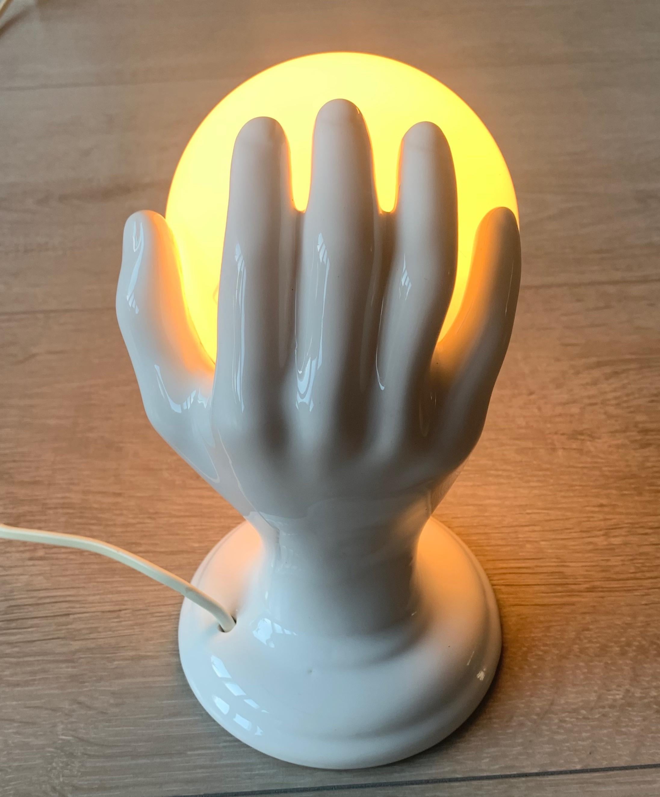 1970s Glazed White Ceramic Hand Holding a Glass Globe Wall Sconce or Wall Light 7