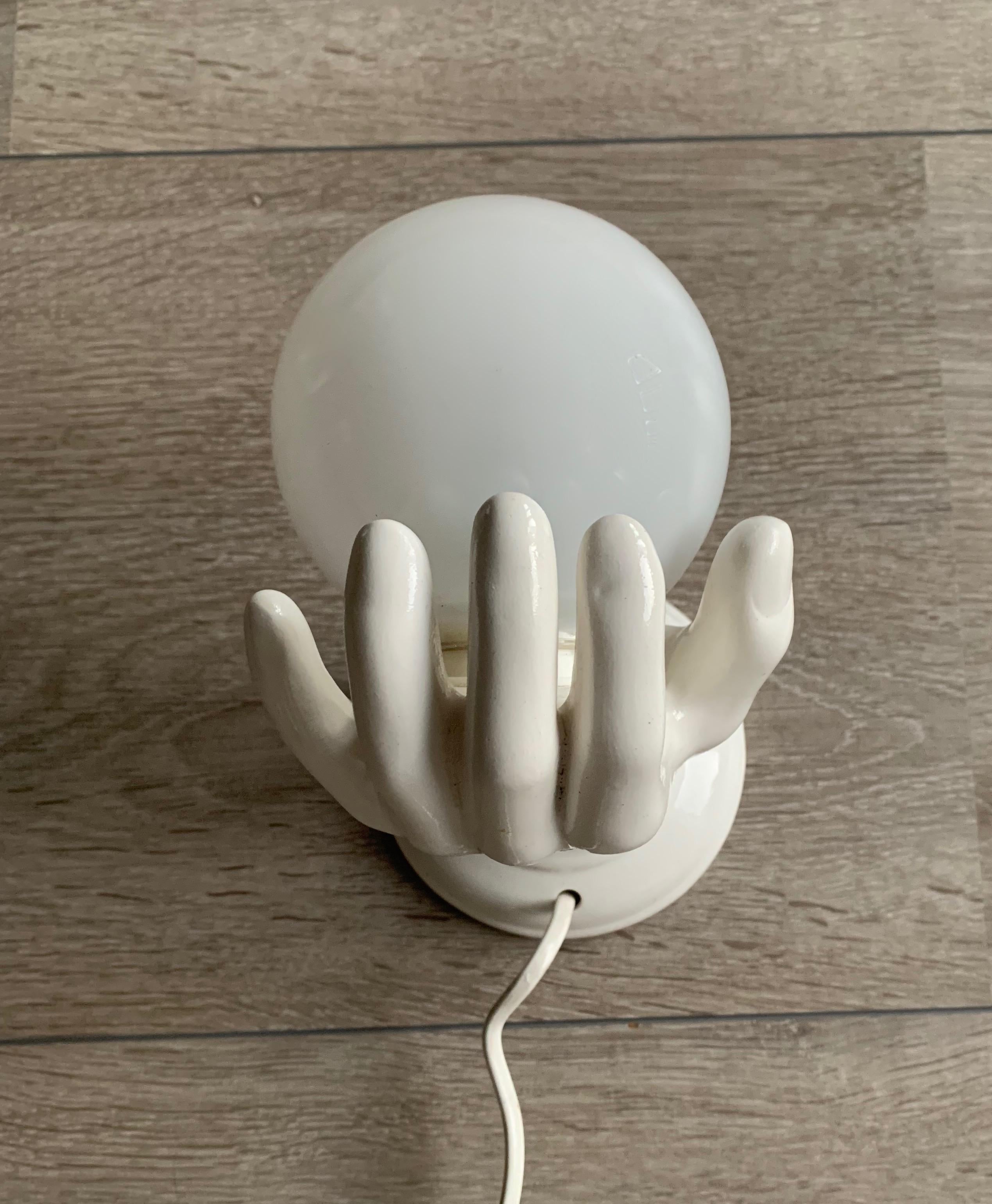 1970s Glazed White Ceramic Hand Holding a Glass Globe Wall Sconce or Wall Light 4