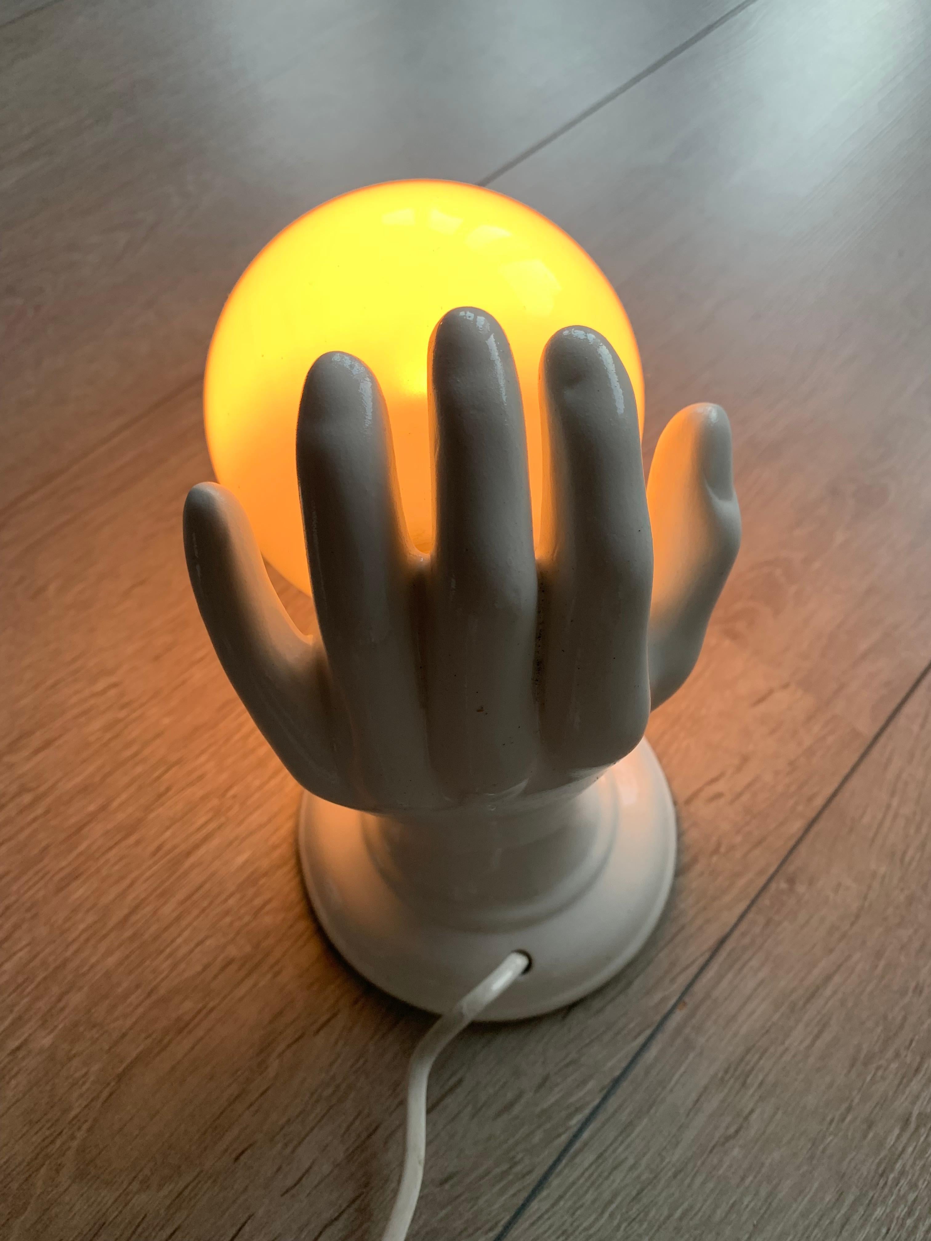 1970s Glazed White Ceramic Hand Holding a Glass Globe Wall Sconce or Wall Light 5