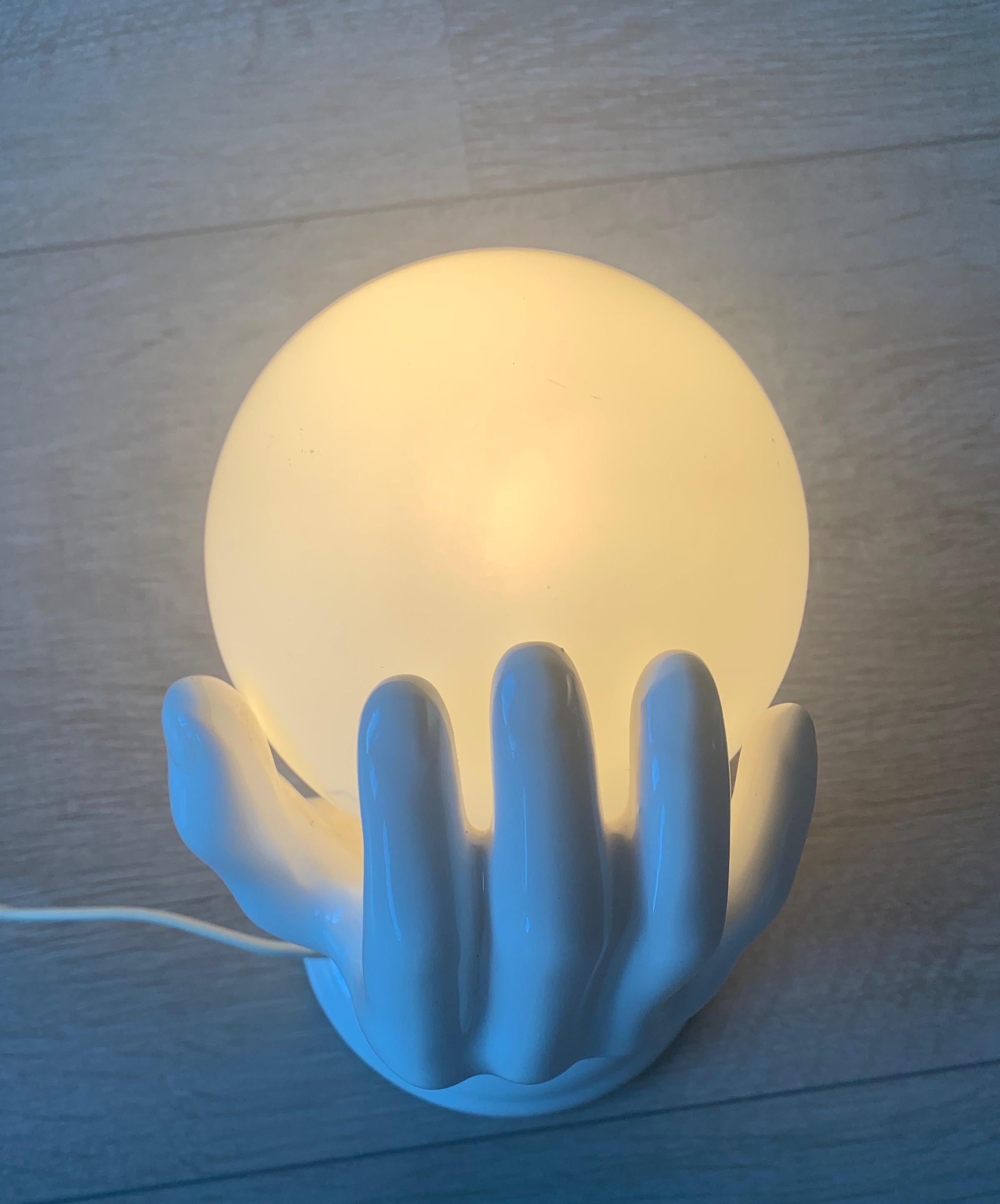 1970s Glazed White Ceramic Hand Holding a Glass Globe Wall Sconce or Wall Light 9