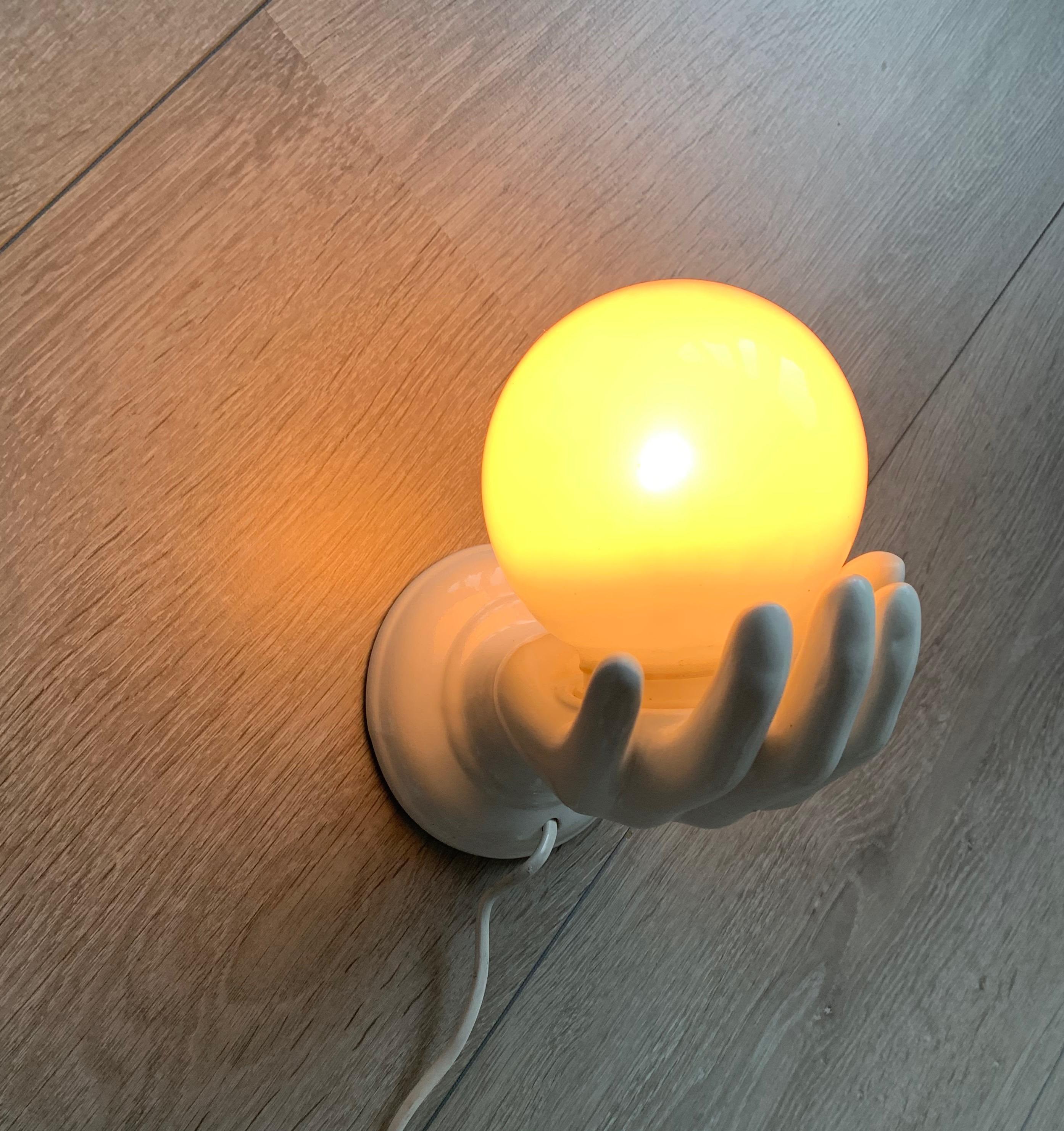 1970s Glazed White Ceramic Hand Holding a Glass Globe Wall Sconce or Wall Light 8