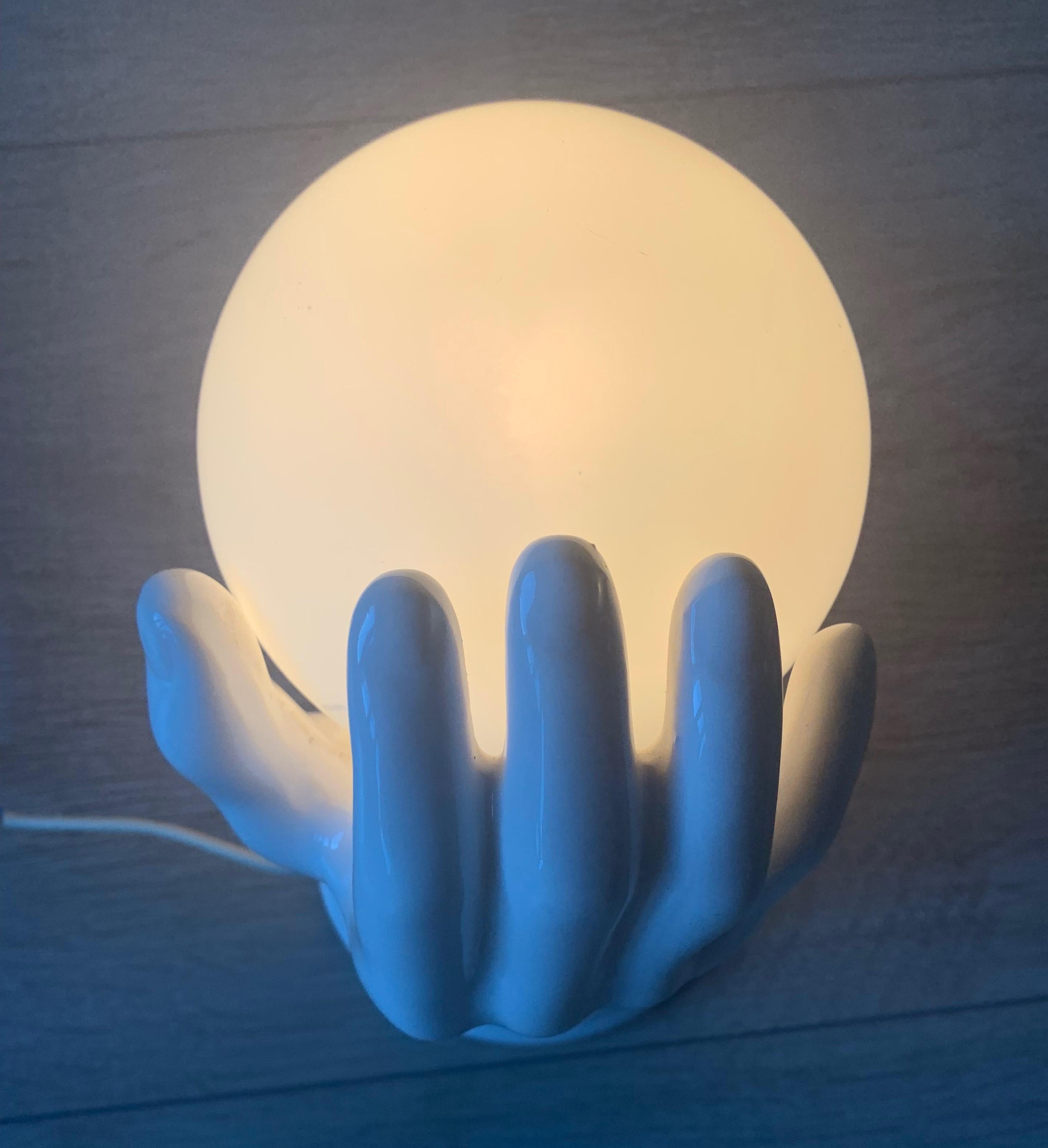 1970s Glazed White Ceramic Hand Holding a Glass Globe Wall Sconce or Wall Light 3