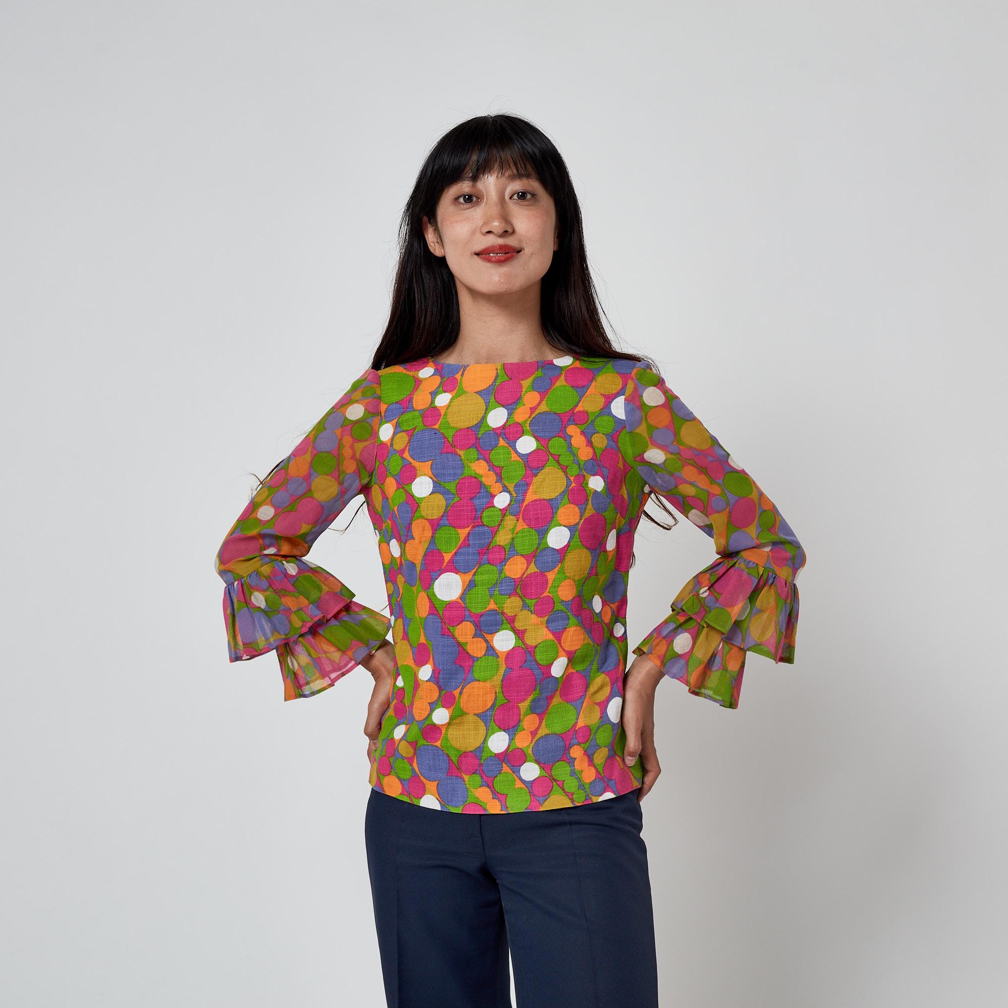 1970s Glen Sportique Polka Dot Print Linen Cotton Blouse For Sale 1