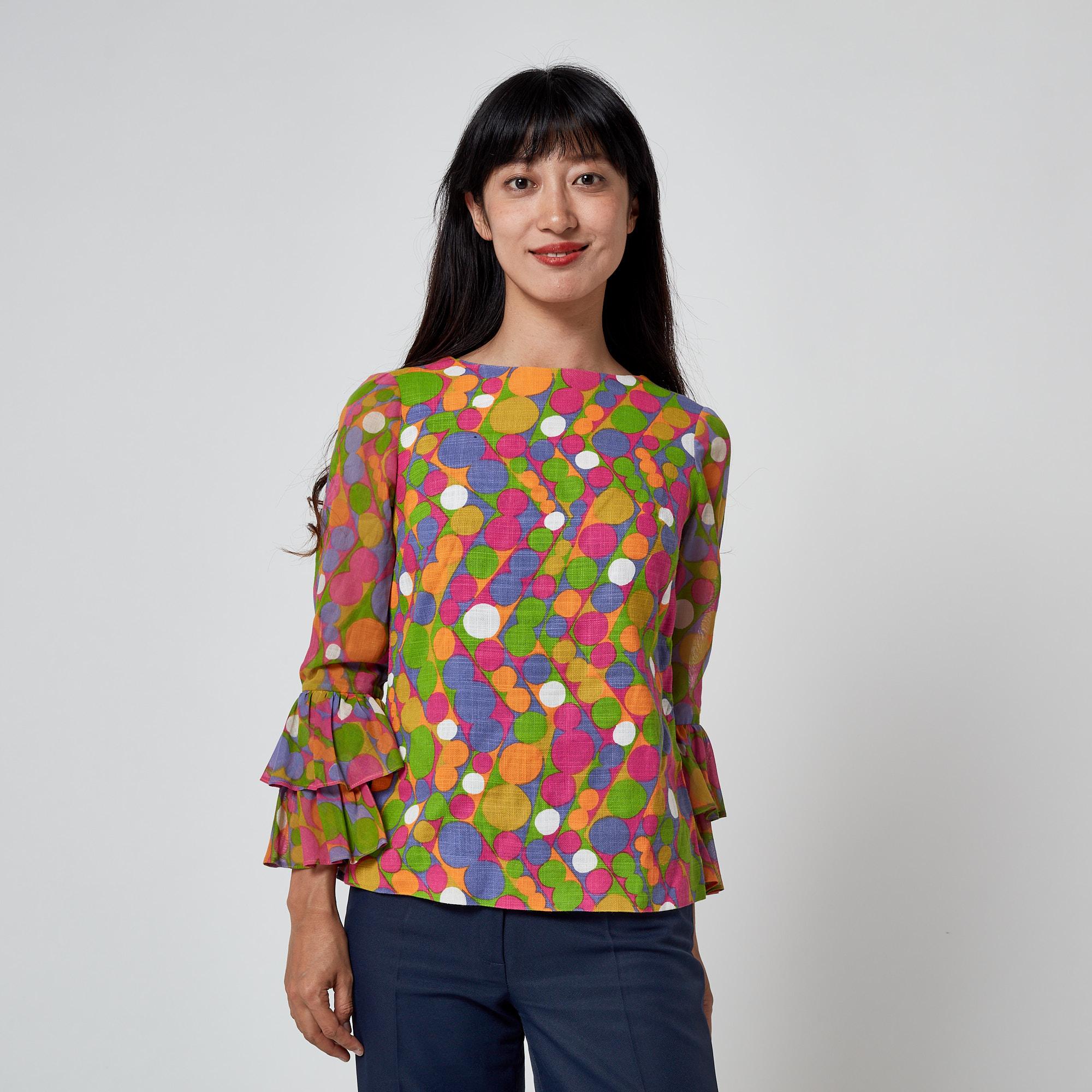 1970s Glen Sportique Polka Dot Print Linen Cotton Blouse For Sale 2