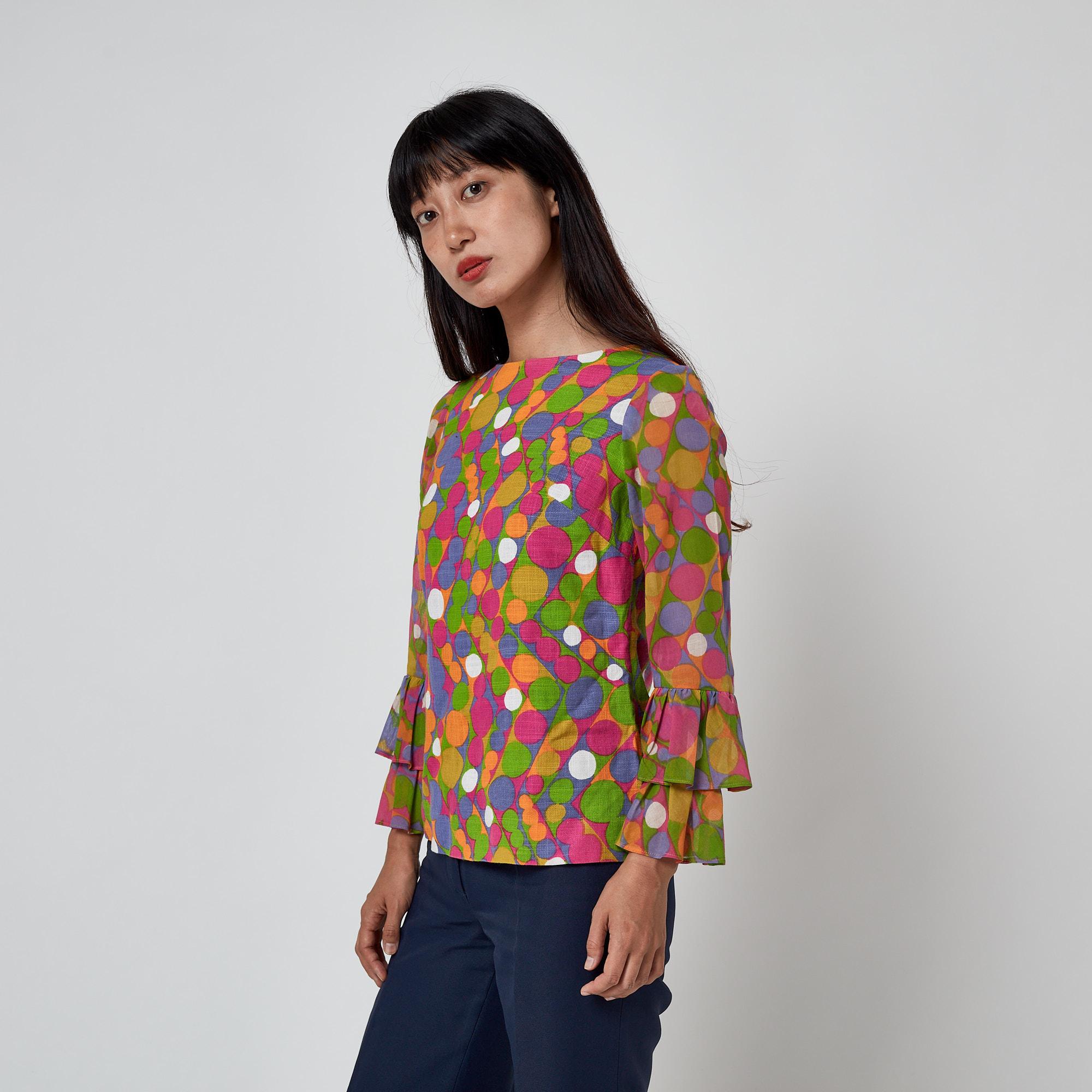 1970s Glen Sportique Polka Dot Print Linen Cotton Blouse For Sale 3