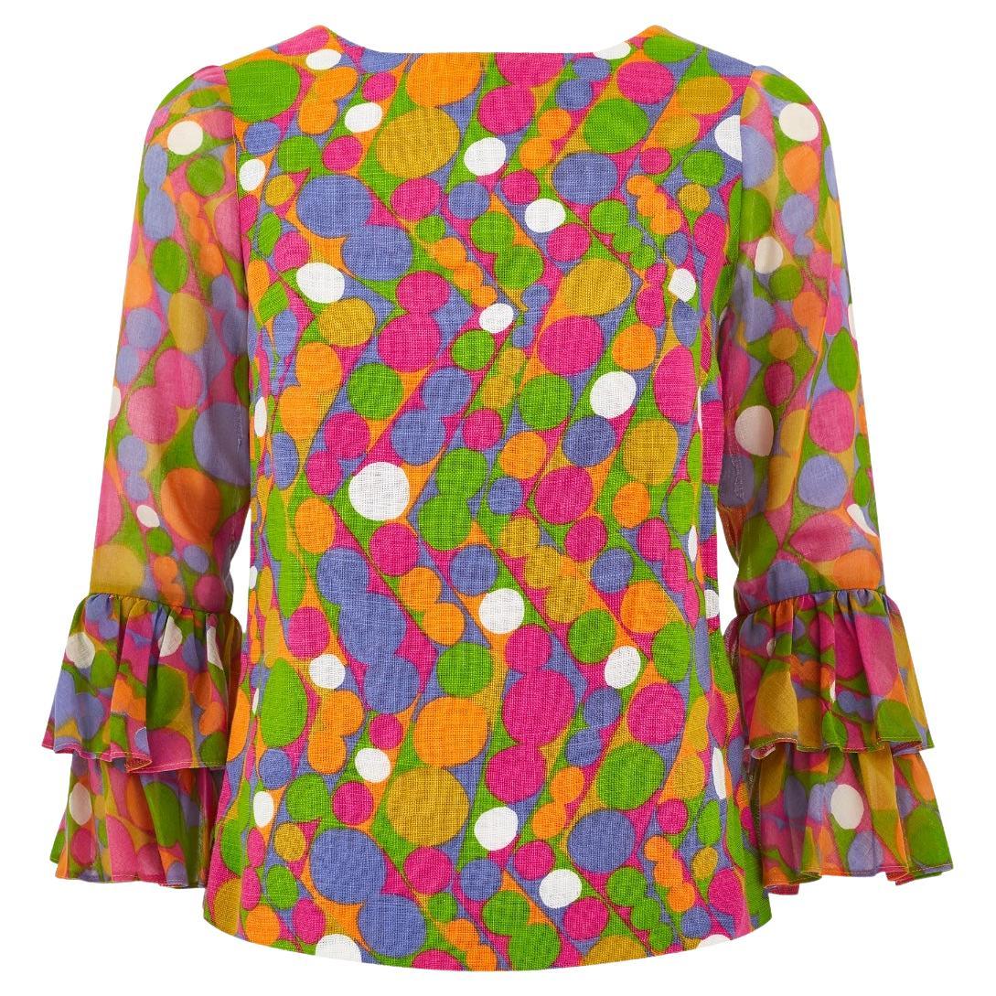 1970s Glen Sportique Polka Dot Print Linen Cotton Blouse For Sale