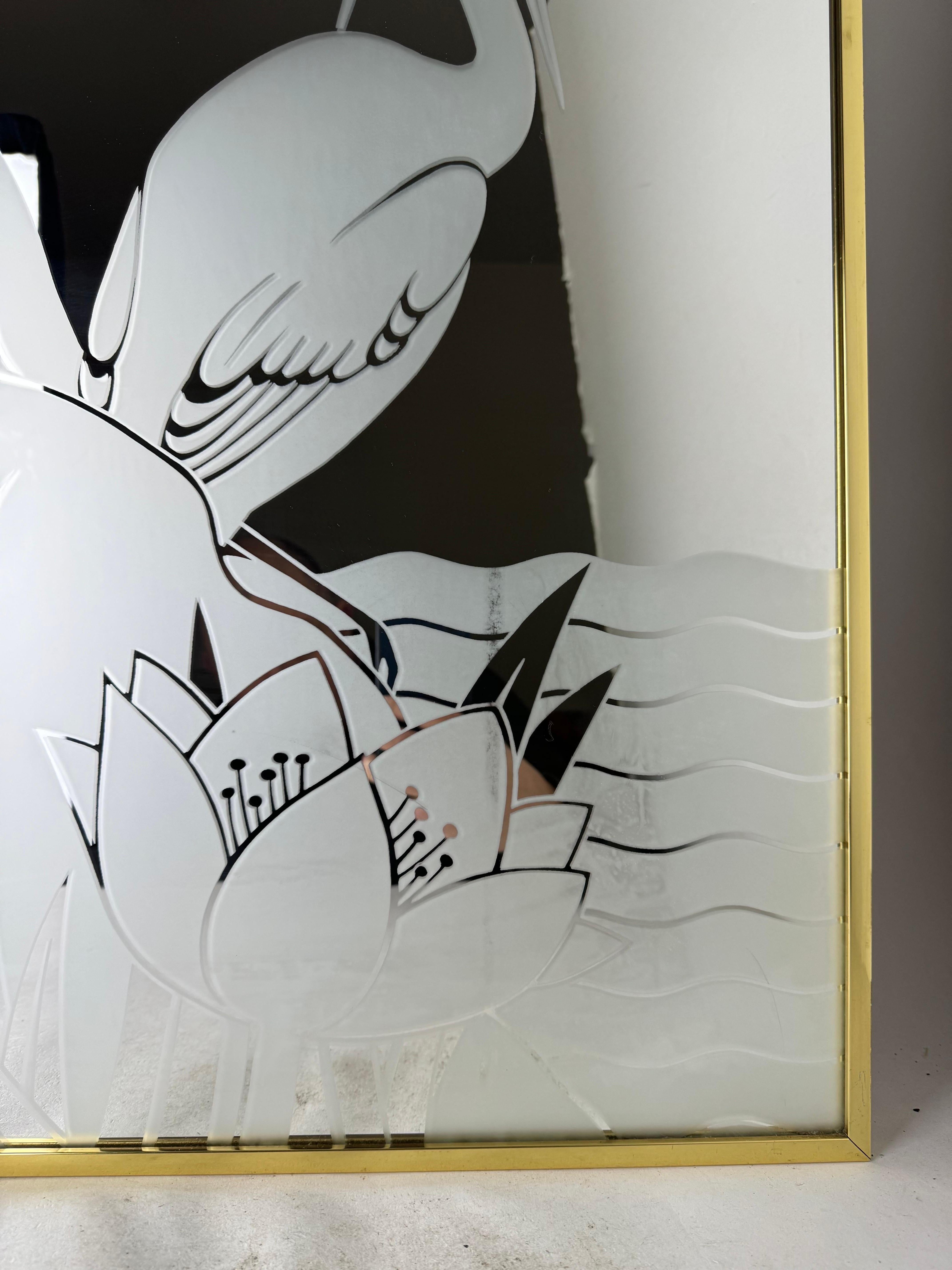 Art déco Miroir d'art dépoli Gloria Eriksen des années 1970 avec cadre en laiton en vente