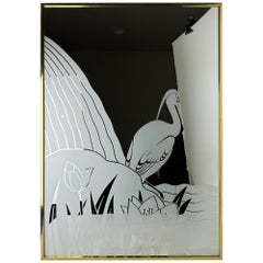 1970's Gloria Eriksen Frosted Art Mirror With Brass Frame