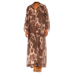 GLORIA VANDERBIL Boho-Hemdkleid aus Poly-Mischung in Creme & Olivgrün mit Paisleymuster, 1970er Jahre