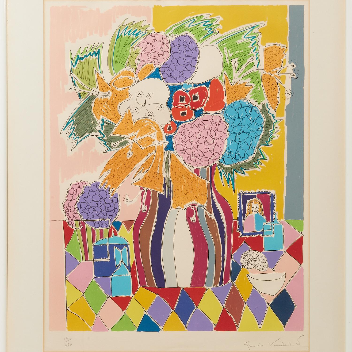 Circa 1971, Springtime Flowers, a lithograph by Gloria Vanderbilt (1924-2019) pencil signed and numbered #18/250, She herself said “Color is my strongest passion, I can get absolutely intoxicated with colors and combining different colors.