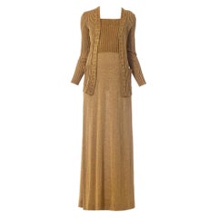 1970S Gold Lurex Knit Maxi Dress Gown With Matching Cardigan