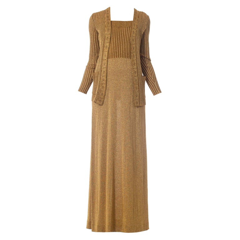1970s Gold Metallic Knit Maxi Dress