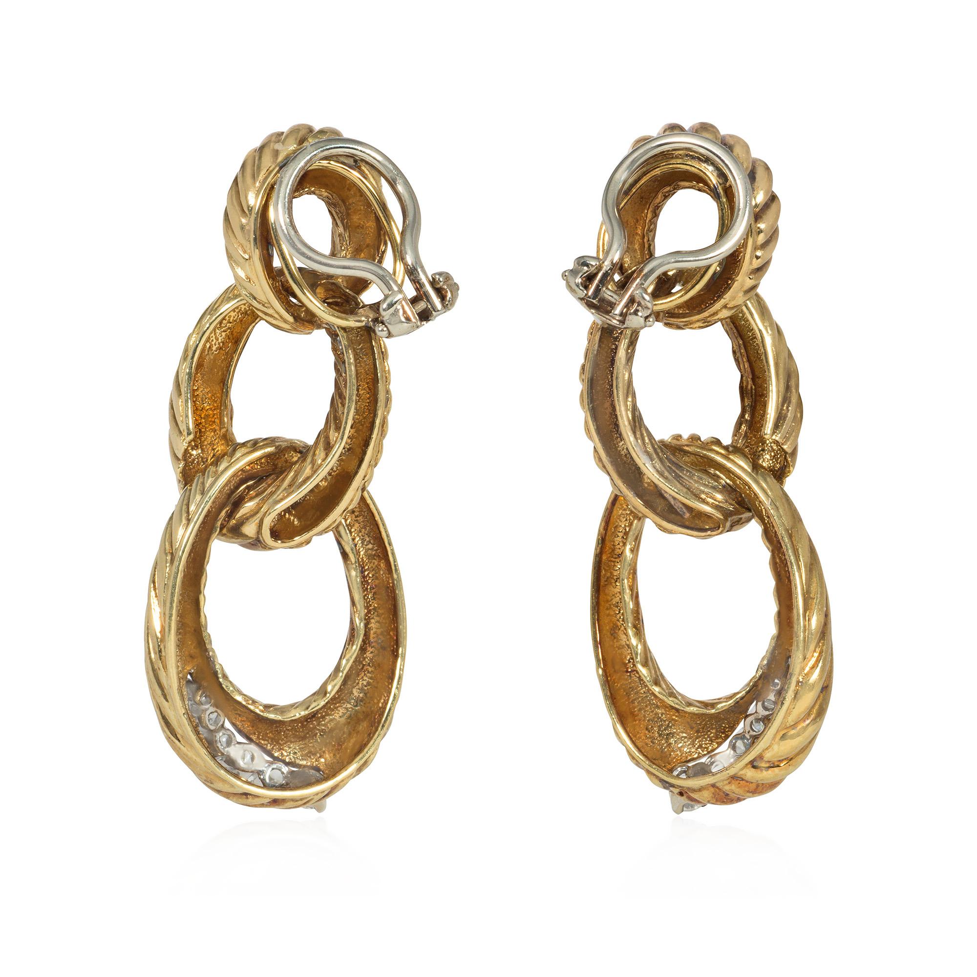 Modern 1970s Gold and Diamond Graduated Triple Loop Pendant Earrings For Sale