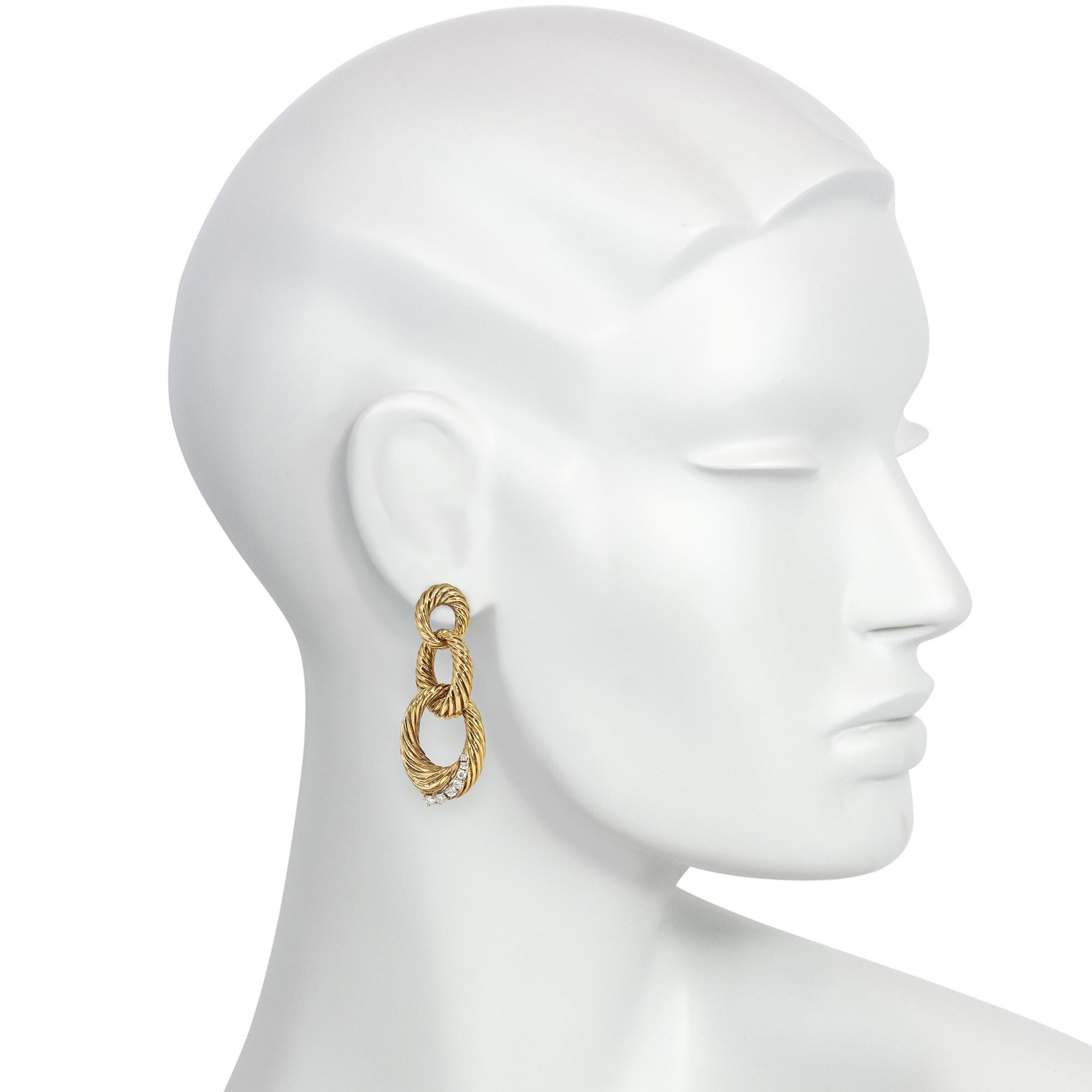 Round Cut 1970s Gold and Diamond Graduated Triple Loop Pendant Earrings For Sale