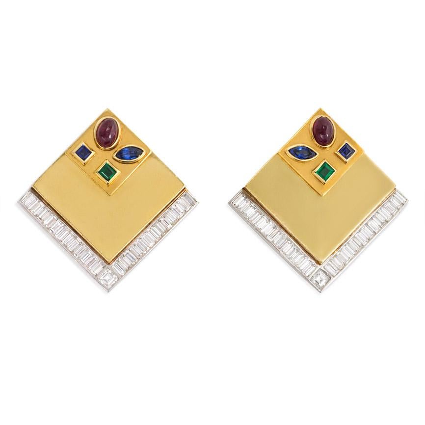 A pair of square-shaped gold and diamond clip earrings of layered geometric design with interchangeable square insets accented with sapphire, ruby, and emerald, in platinum and 18k.  Atw diamonds 4.68 cts.