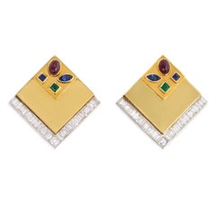 1970s Gold and Gemset Earrings with Interchangeable Square Insets