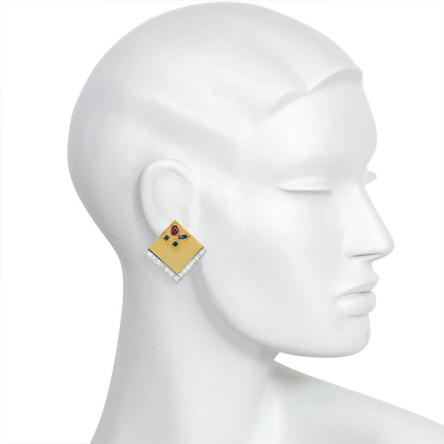 1970s Gold and Gemset Earrings with Interchangeable Square Insets In Excellent Condition In New York, NY