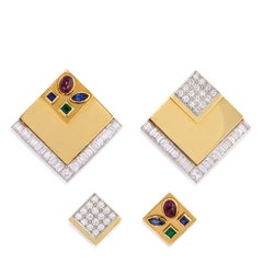 Vintage 1970s Gold and Gemset Earrings with Interchangeable Square Insets