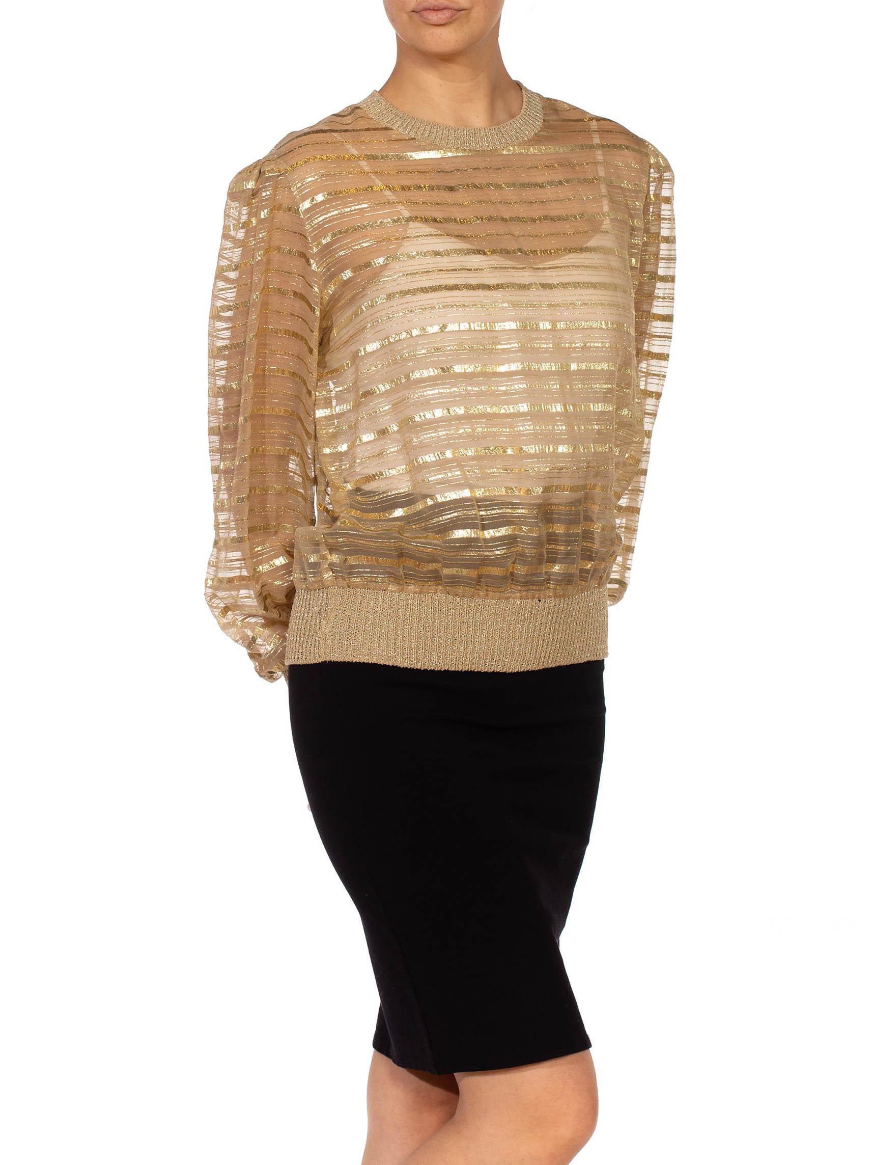 1970S Gold & Beige Silk Lurex Chiffon Stripe Sheer Pullover Blouse 6
