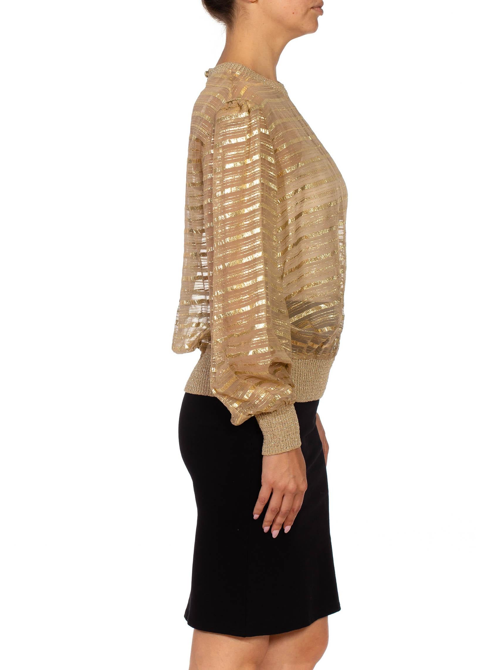 Brown 1970S Gold & Beige Silk Lurex Chiffon Stripe Sheer Pullover Blouse