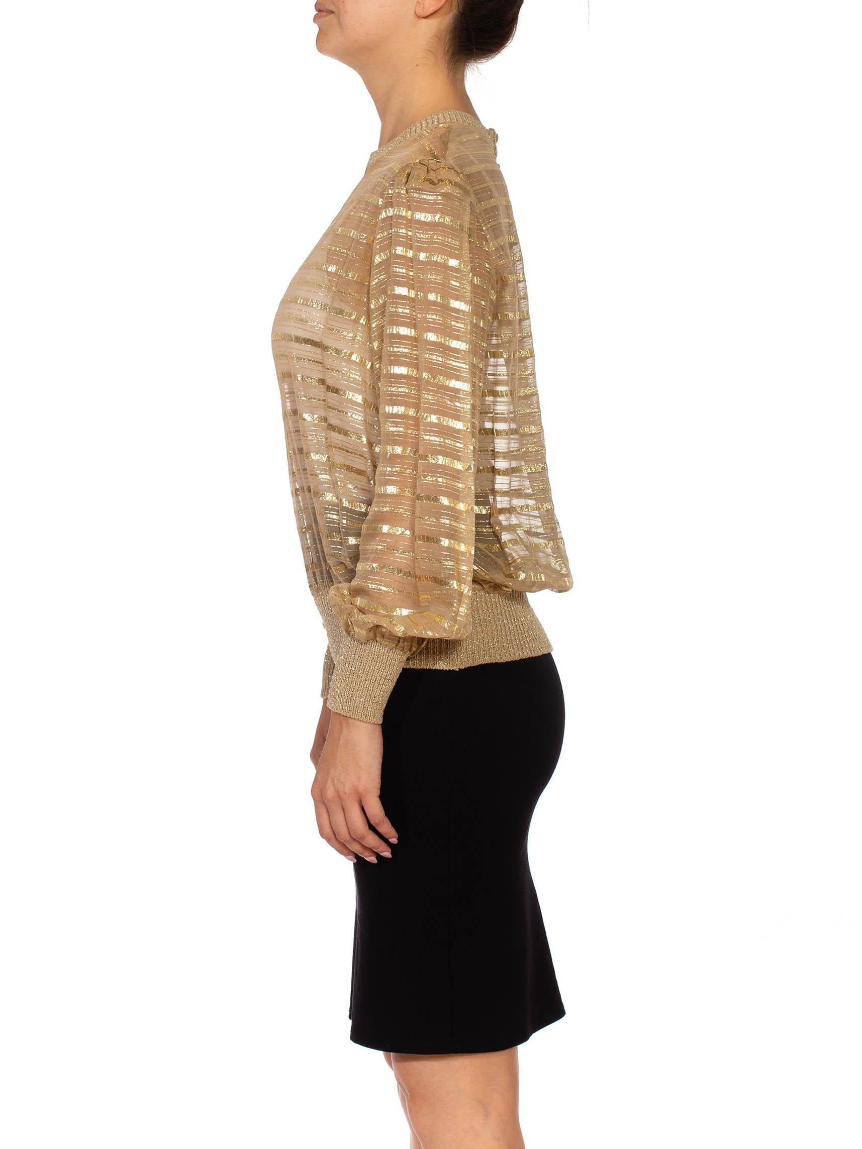 1970S Gold & Beige Silk Lurex Chiffon Stripe Sheer Pullover Blouse In Excellent Condition In New York, NY