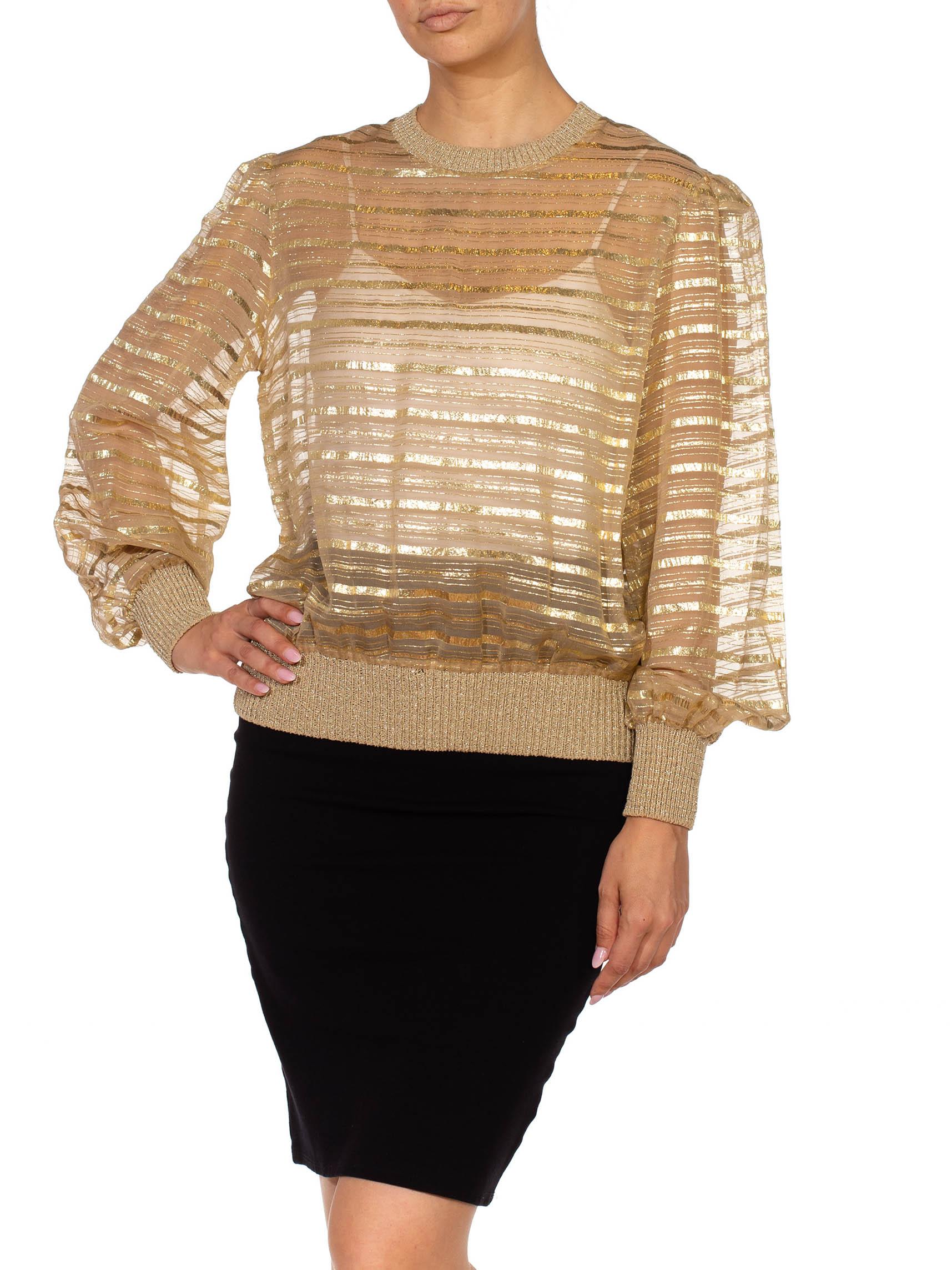 Women's 1970S Gold & Beige Silk Lurex Chiffon Stripe Sheer Pullover Blouse