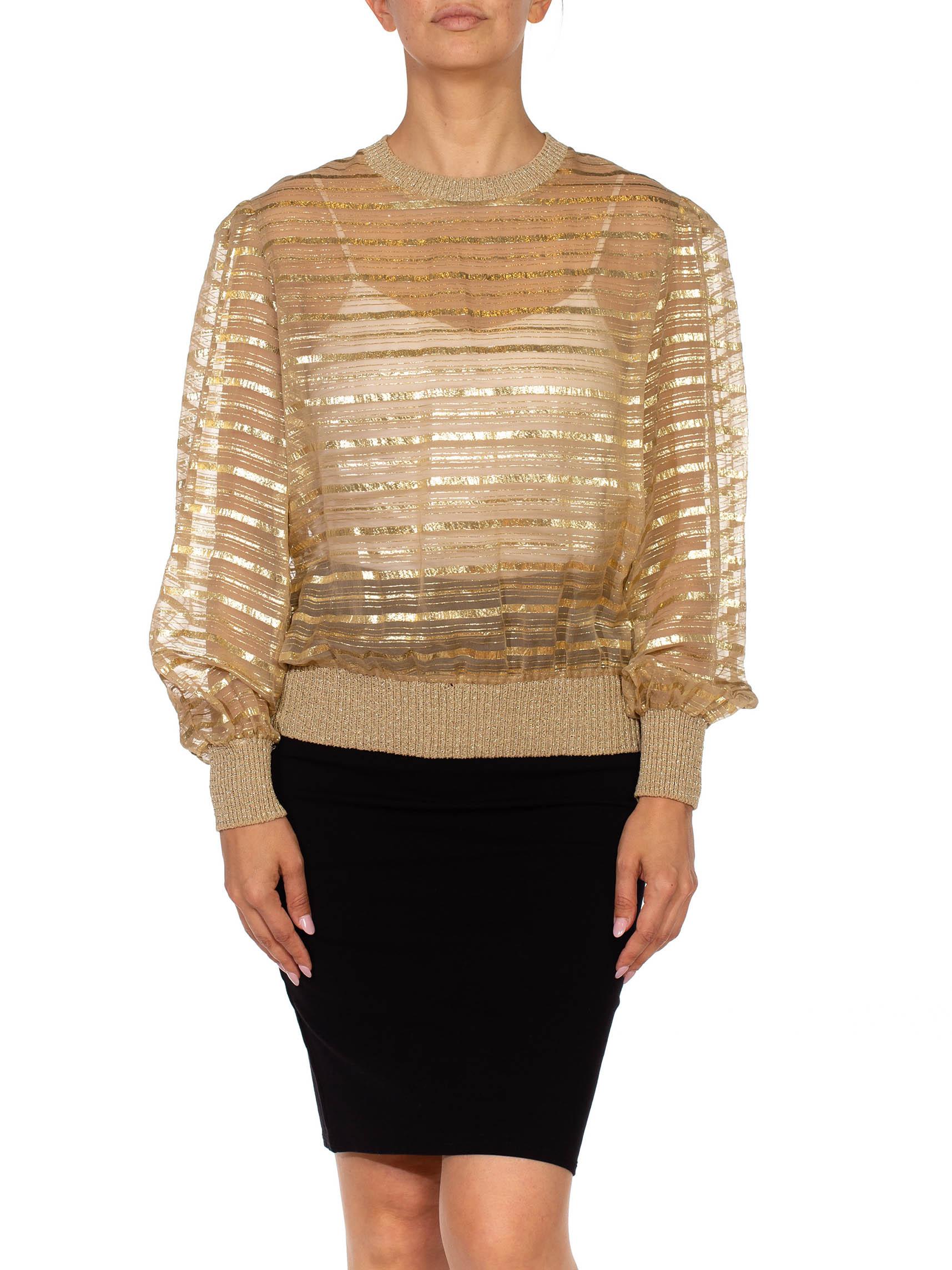1970S Gold & Beige Silk Lurex Chiffon Stripe Sheer Pullover Blouse 1