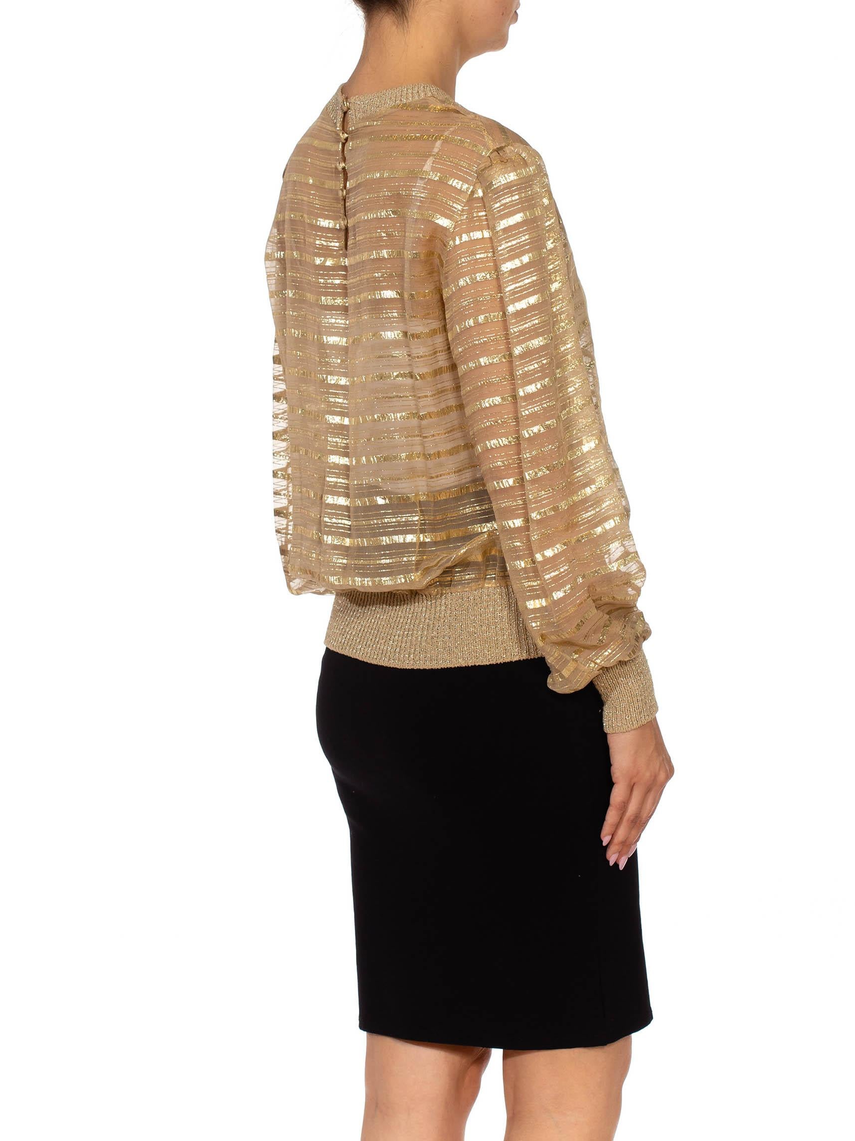 1970S Gold & Beige Silk Lurex Chiffon Stripe Sheer Pullover Blouse 2