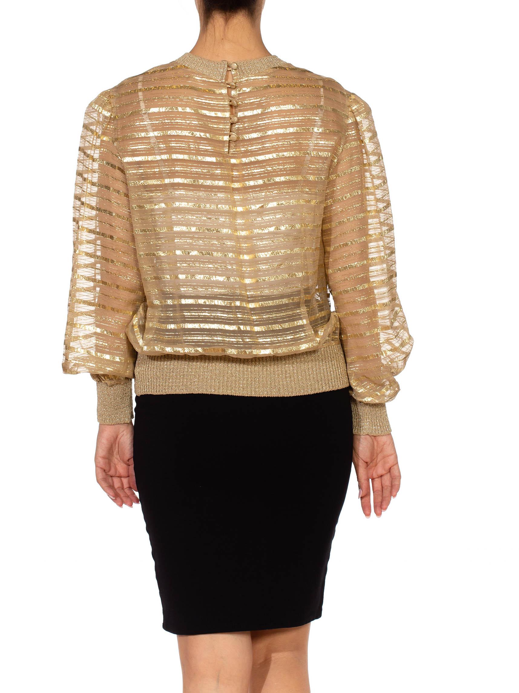 1970S Gold & Beige Silk Lurex Chiffon Stripe Sheer Pullover Blouse 3