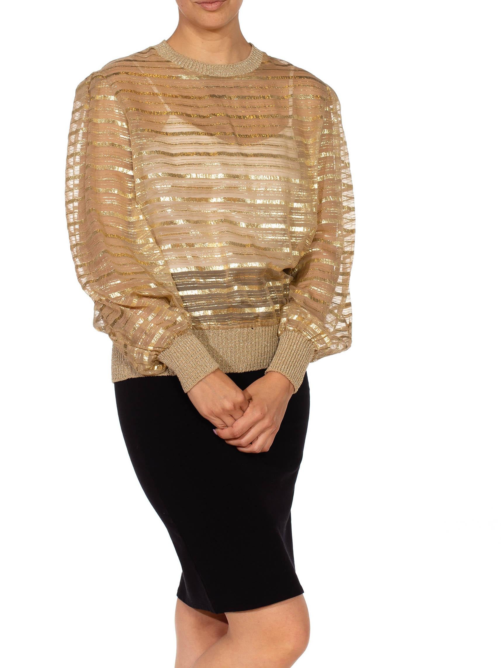 1970S Gold & Beige Silk Lurex Chiffon Stripe Sheer Pullover Blouse 4