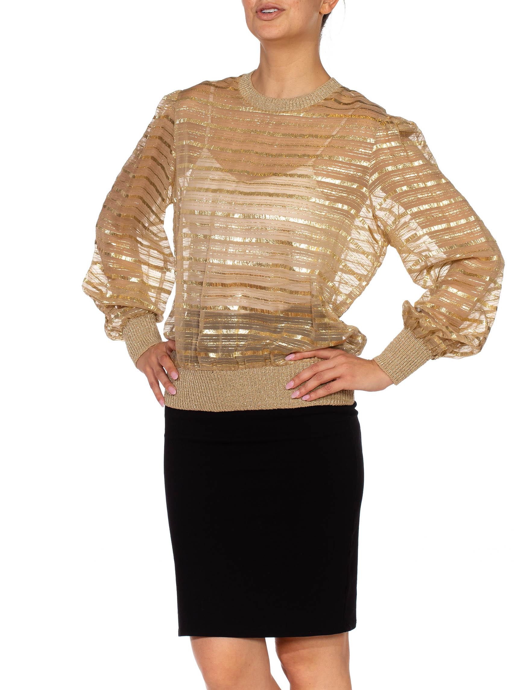 1970S Gold & Beige Silk Lurex Chiffon Stripe Sheer Pullover Blouse 5