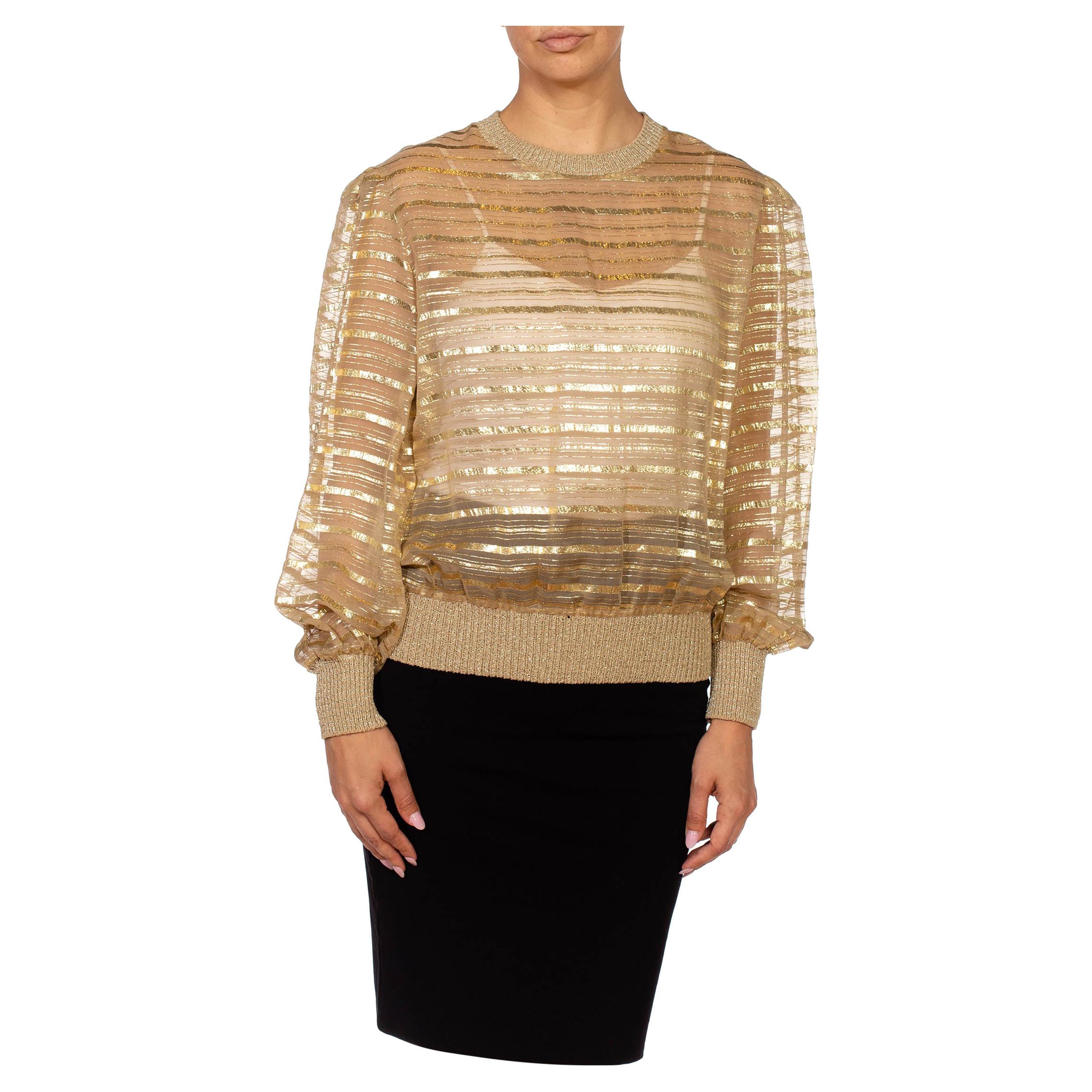 1970S Gold & Beige Silk Lurex Chiffon Stripe Sheer Pullover Blouse