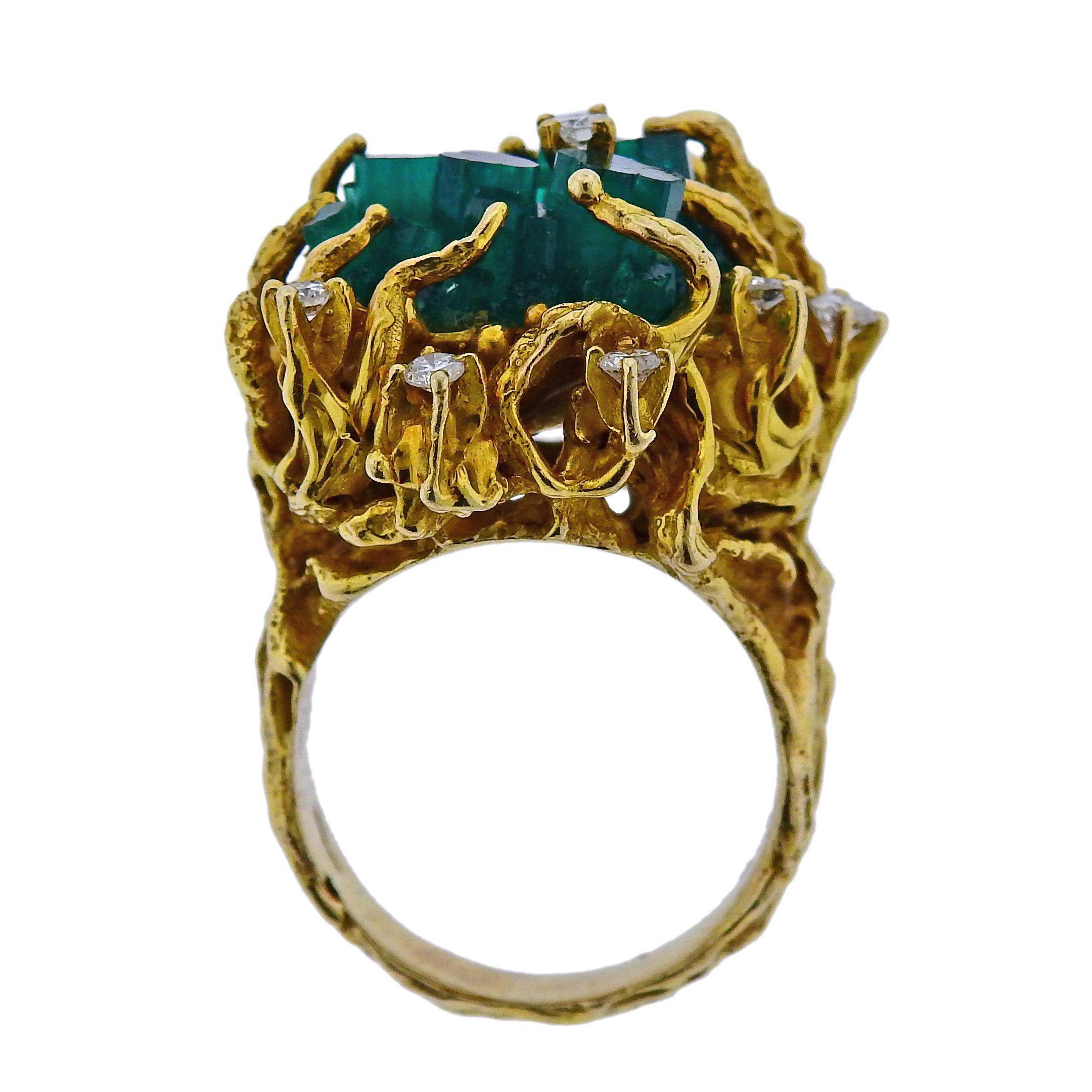 Women's 1970s Gold Chatham Emerald Diamond Freeform Ring