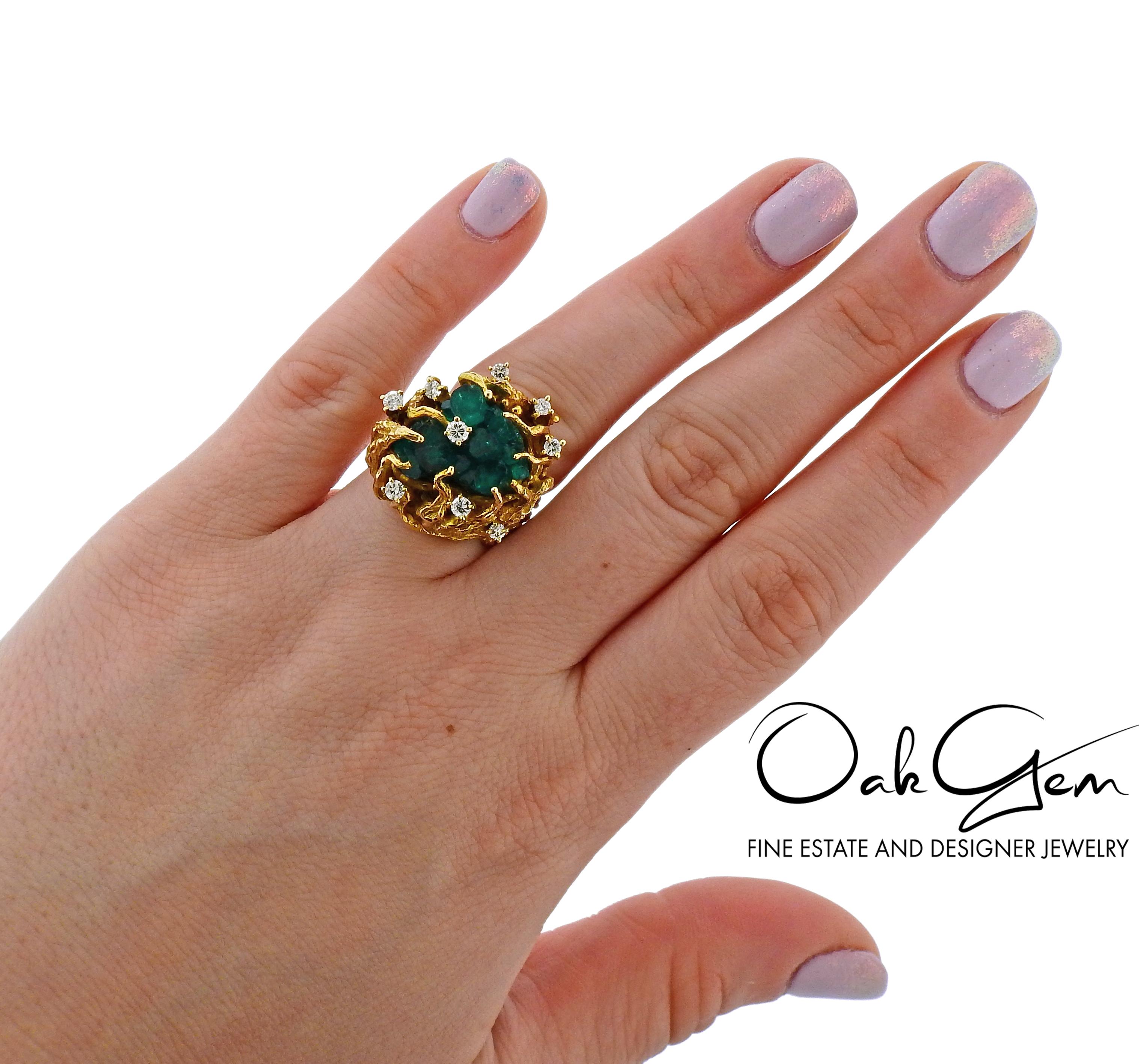 1970s Gold Chatham Emerald Diamond Freeform Ring 1