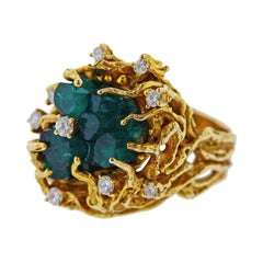 1970s Gold Chatham Emerald Diamond Freeform Ring