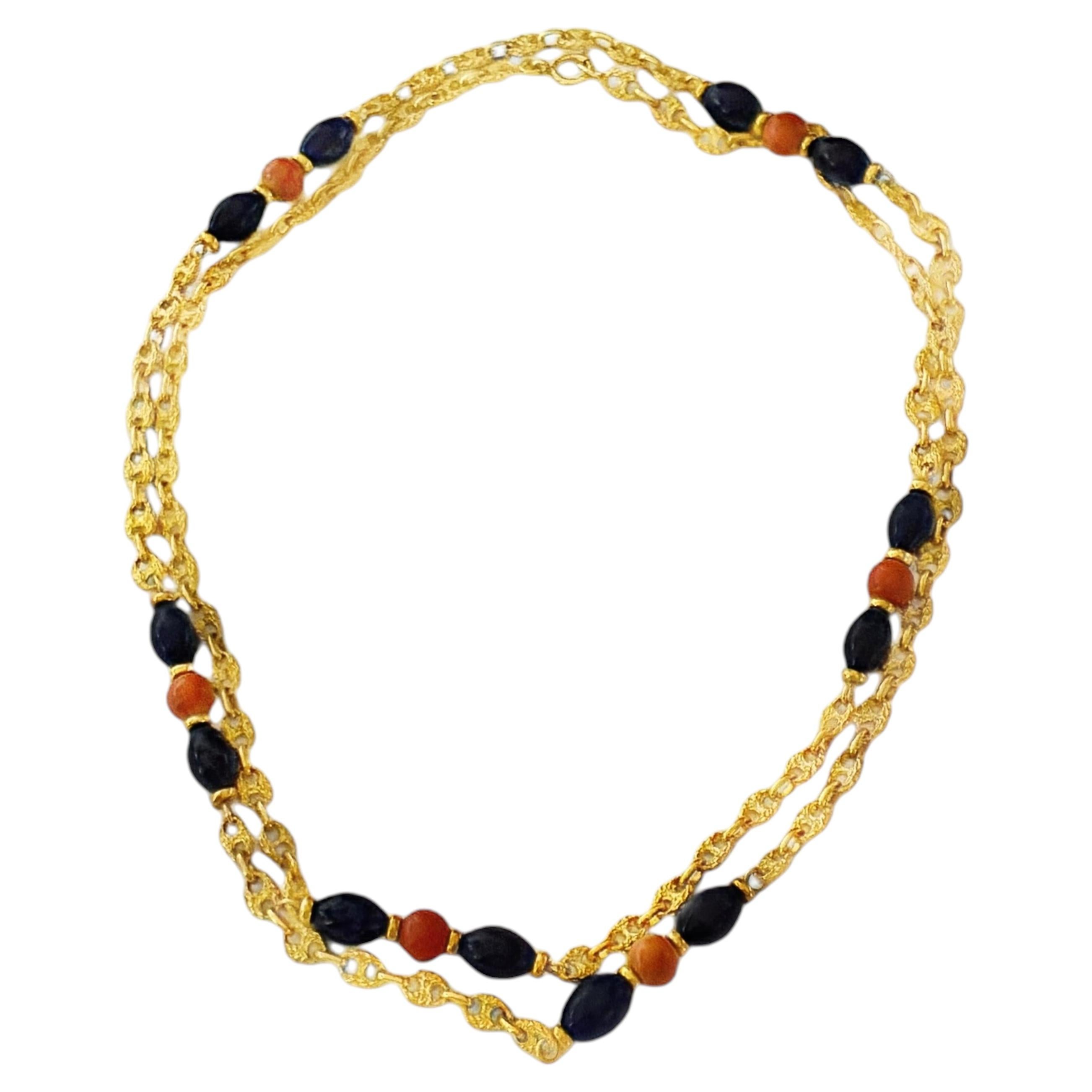 1970s Gold Coral and Sodalite Sautoir For Sale