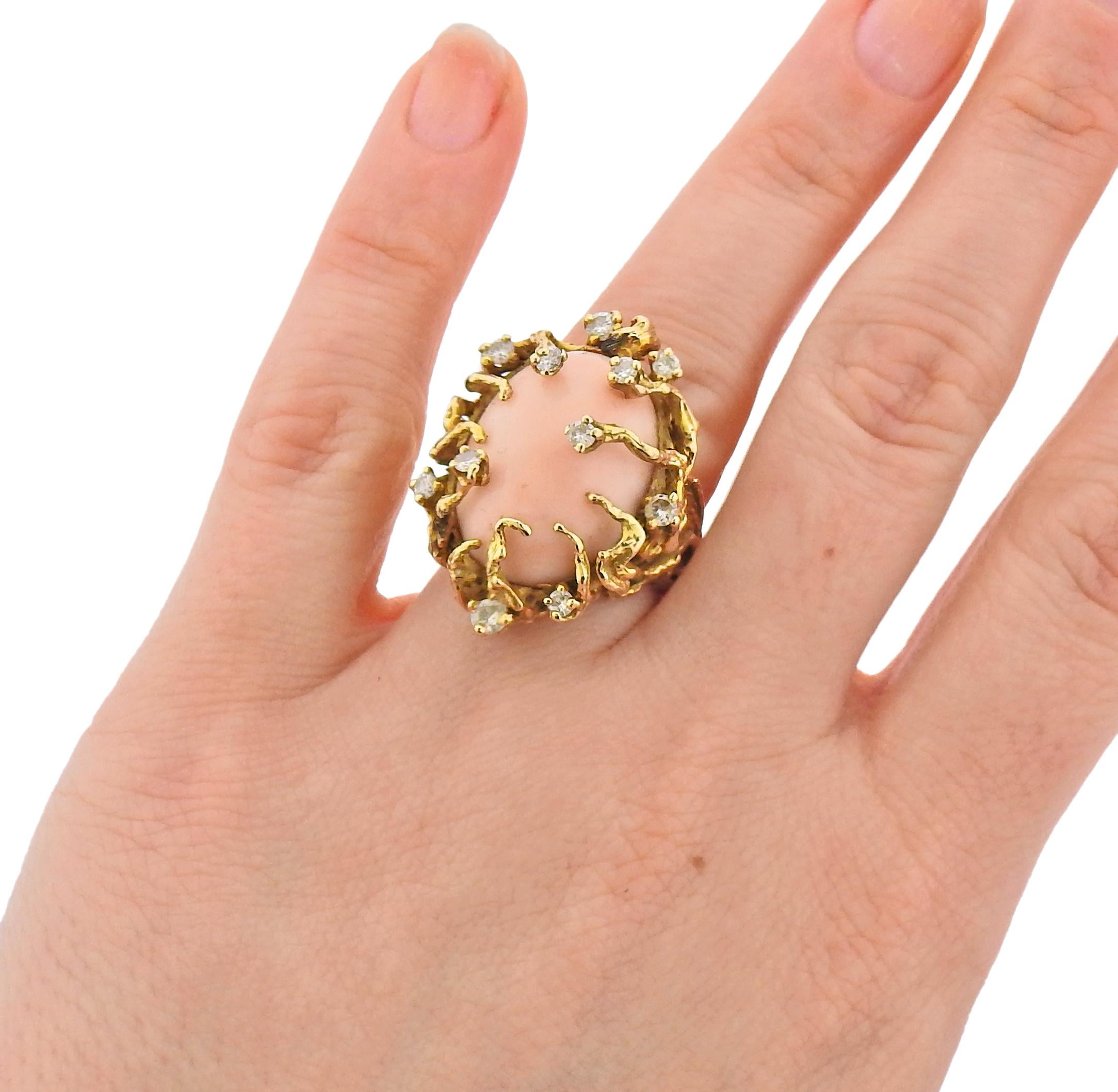 1970s Gold Coral Diamond Freeform Ring In Excellent Condition In New York, NY