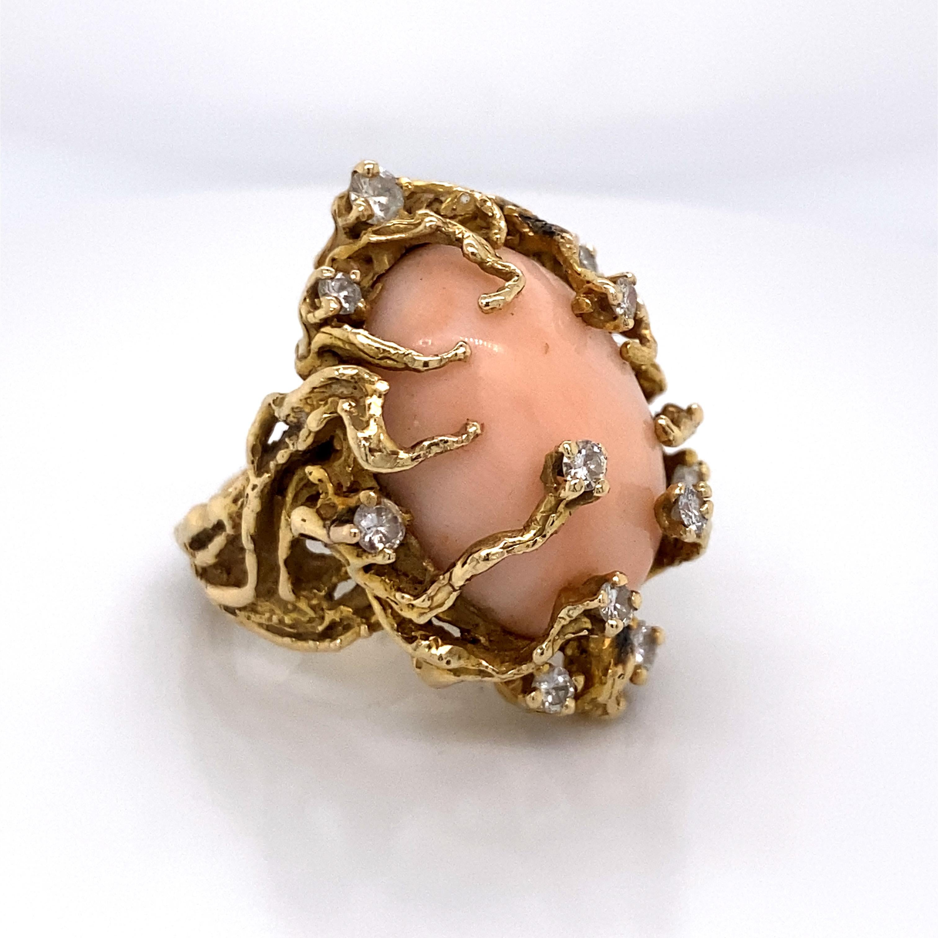 Oval Cut 1970s Gold Coral Diamond Freeform Ring