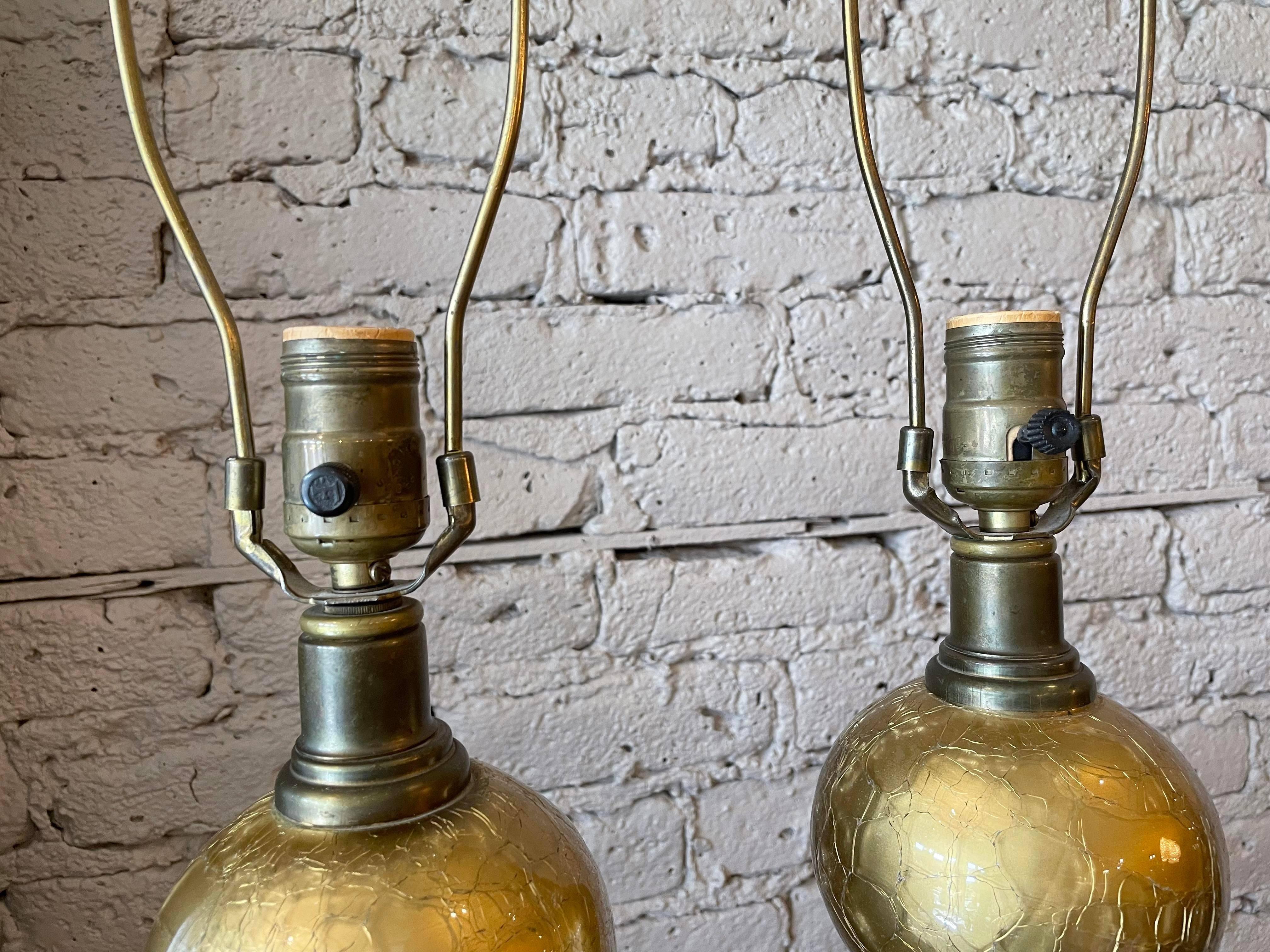 1970s Gold Crackle Glass Globe Lamps, a Pair In Good Condition In Chicago, IL