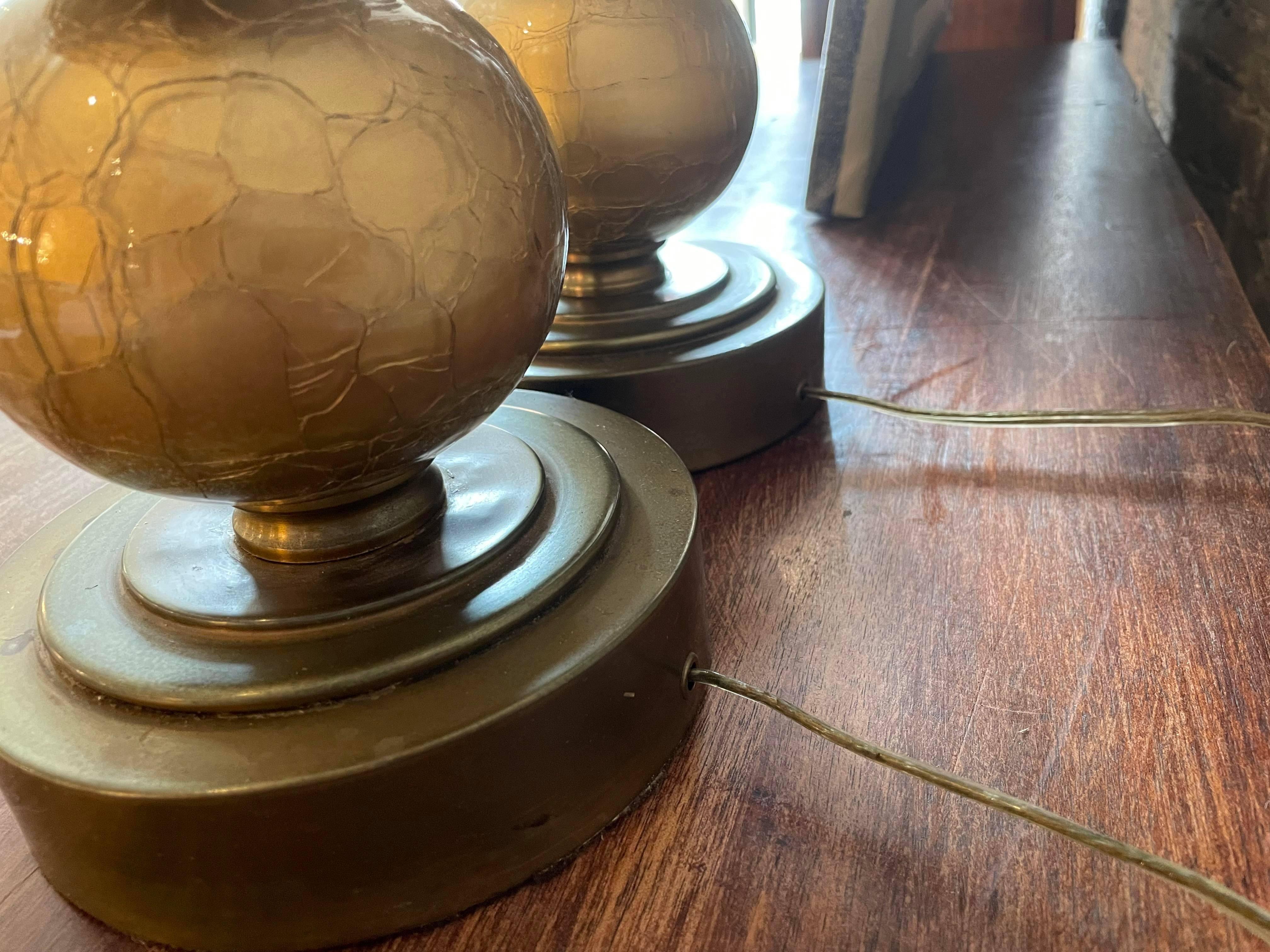 20th Century 1970s Gold Crackle Glass Globe Lamps, a Pair