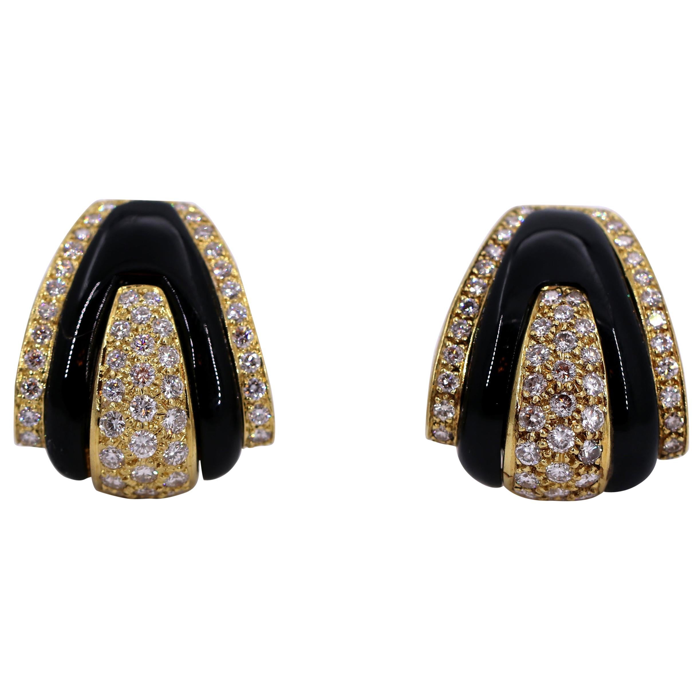 1970s Gold Diamond and Onyx Earrings
