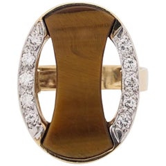 1970s Gold Diamond and Tiger's Eye Modernist Ring