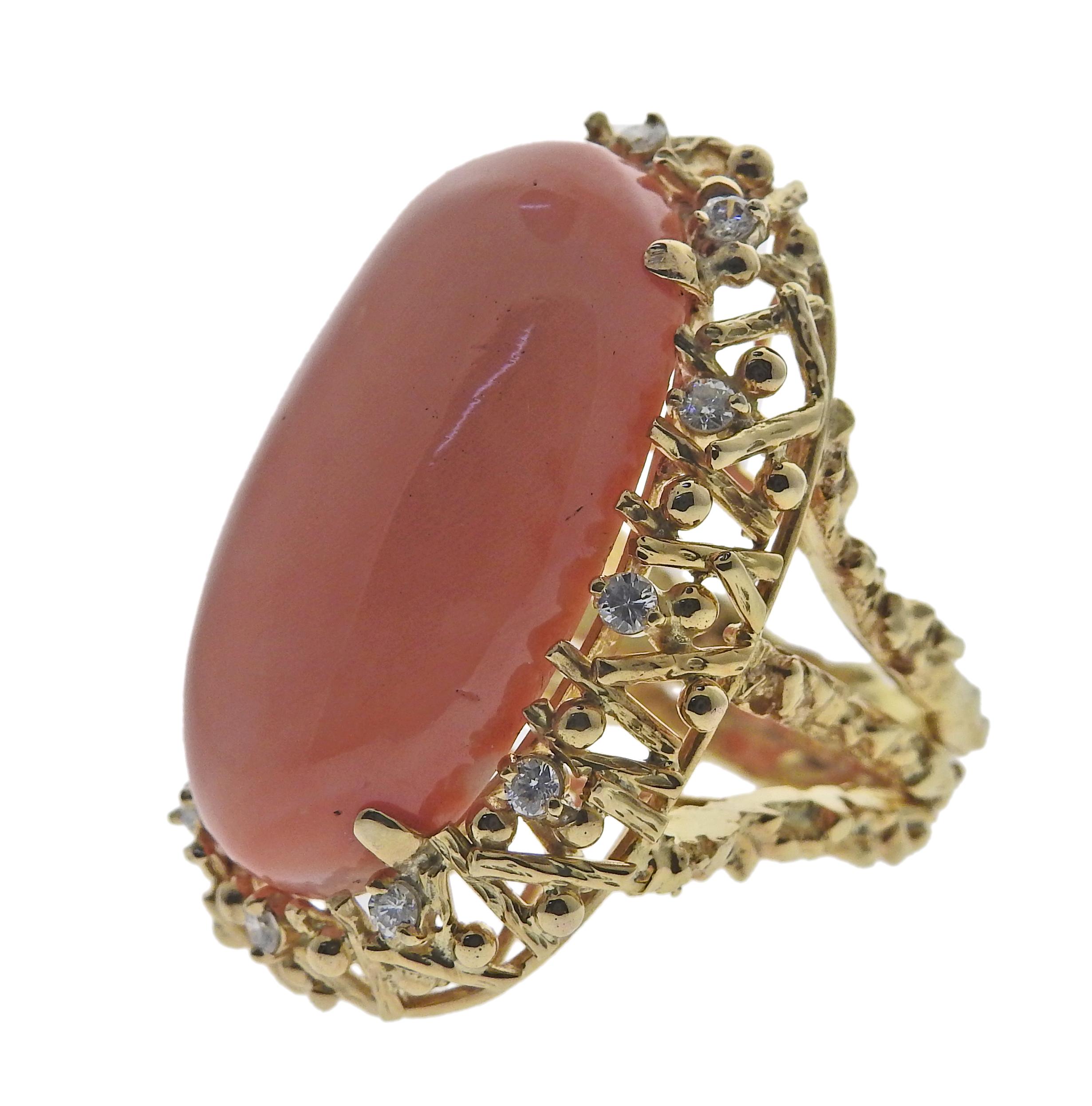 Round Cut 1970s Gold Diamond Coral Cocktail Ring For Sale