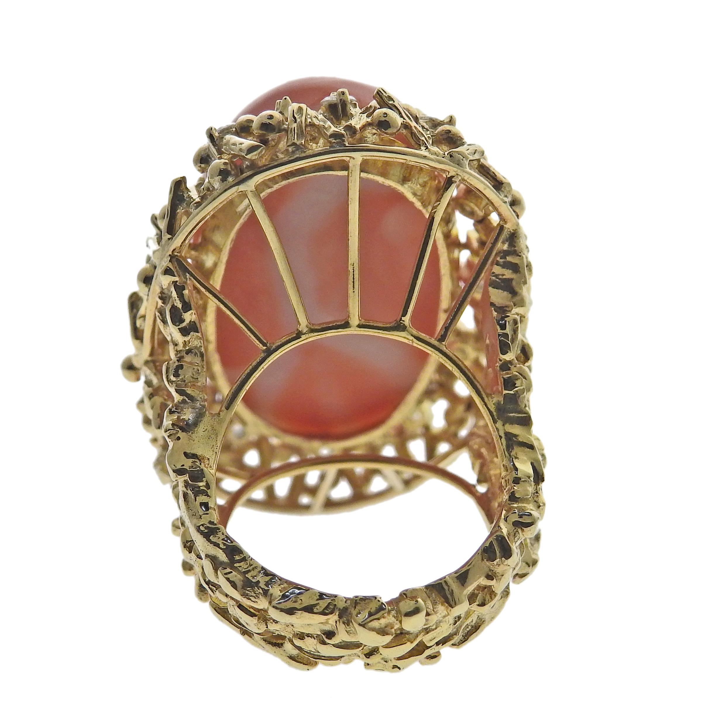 1970s Gold Diamond Coral Cocktail Ring In Excellent Condition For Sale In Lambertville, NJ