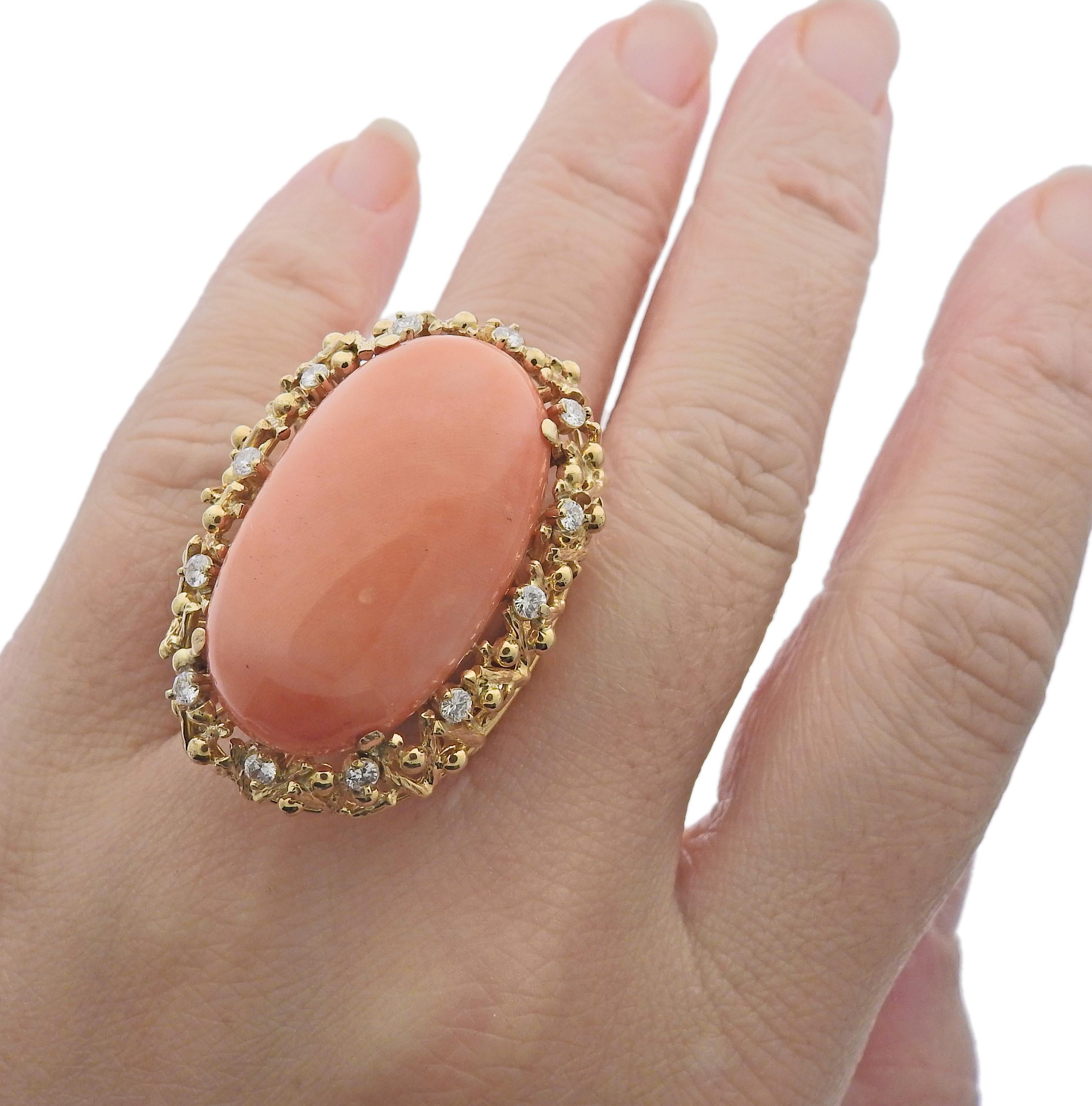 Women's 1970s Gold Diamond Coral Cocktail Ring For Sale