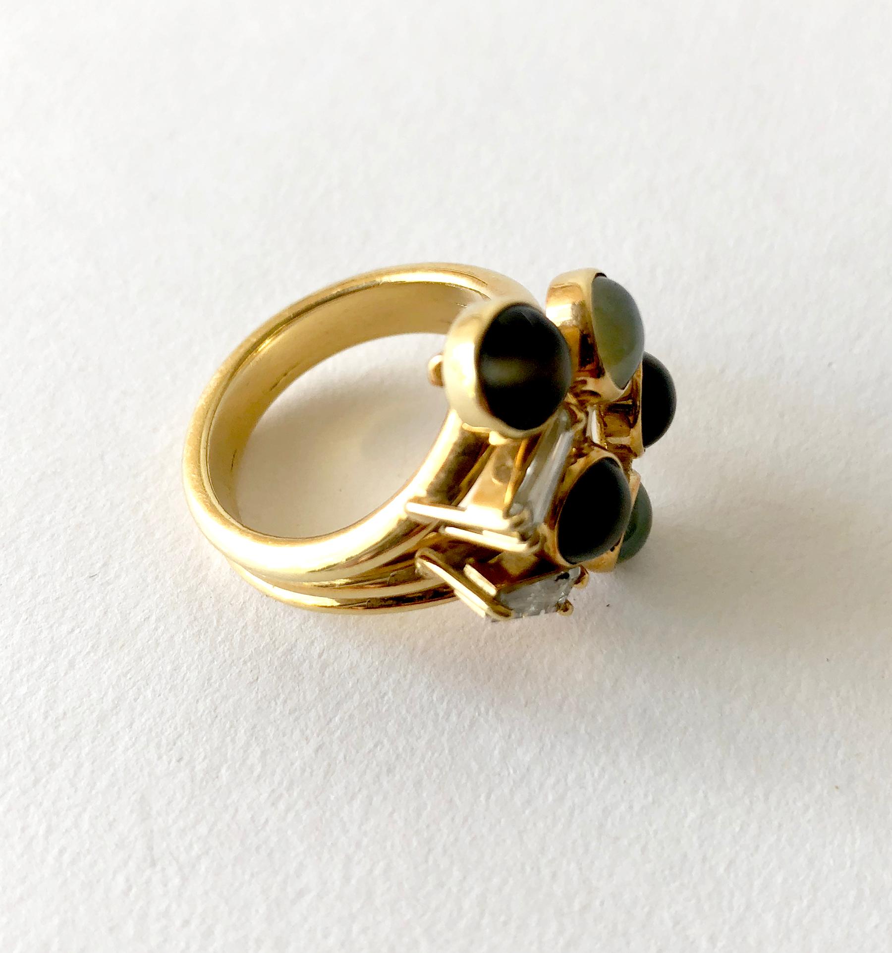 Modernist 1970s Gold Diamond with Cats Eye Natural Gemstones Dinner Cocktail Ring For Sale