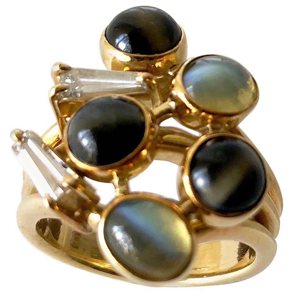 1970s Gold Diamond with Cats Eye Natural Gemstones Dinner Cocktail Ring For Sale