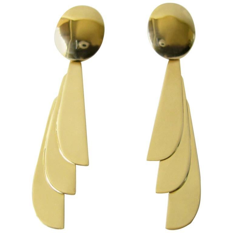Art Deco 1970s Gold Feather Dangling Earrings