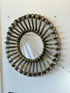 1970’s Gold Finish Spanish Large Round Wall Mirror Scrolling Arm Frame Design