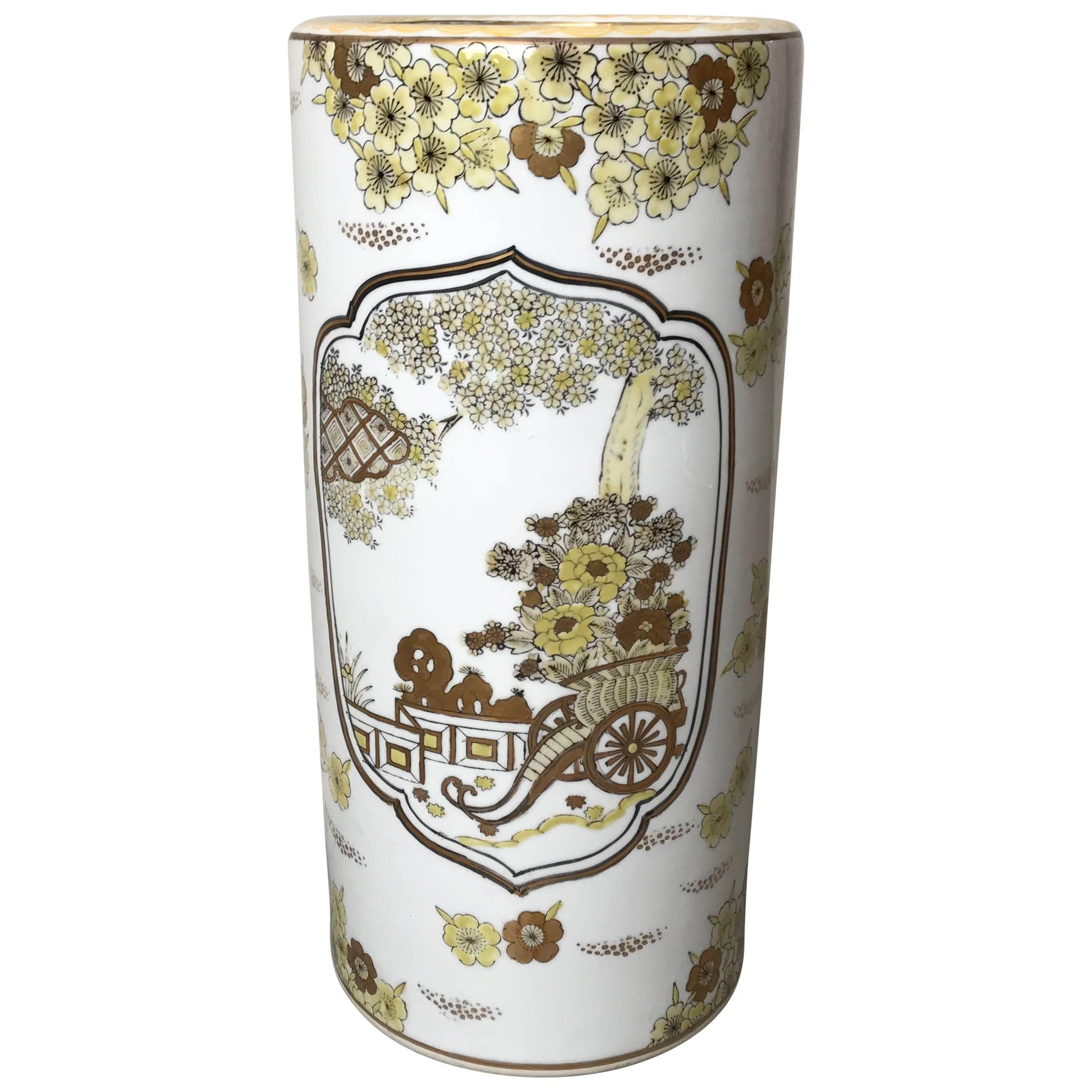 1970s Gold Imari White and Yellow Umbrella Stand For Sale